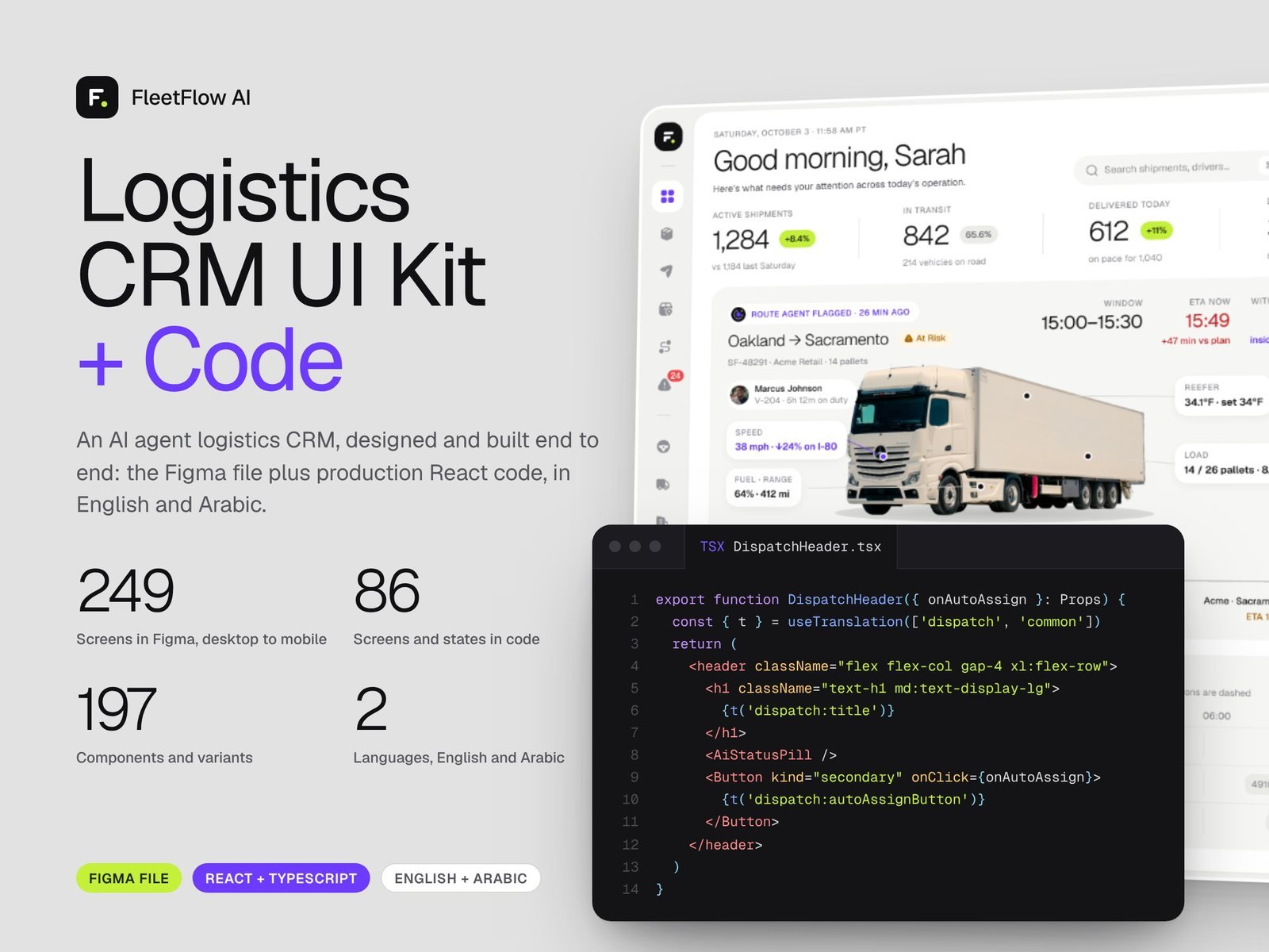 FleetFlow AI logistics CRM UI kit with its React code beside the operations overview