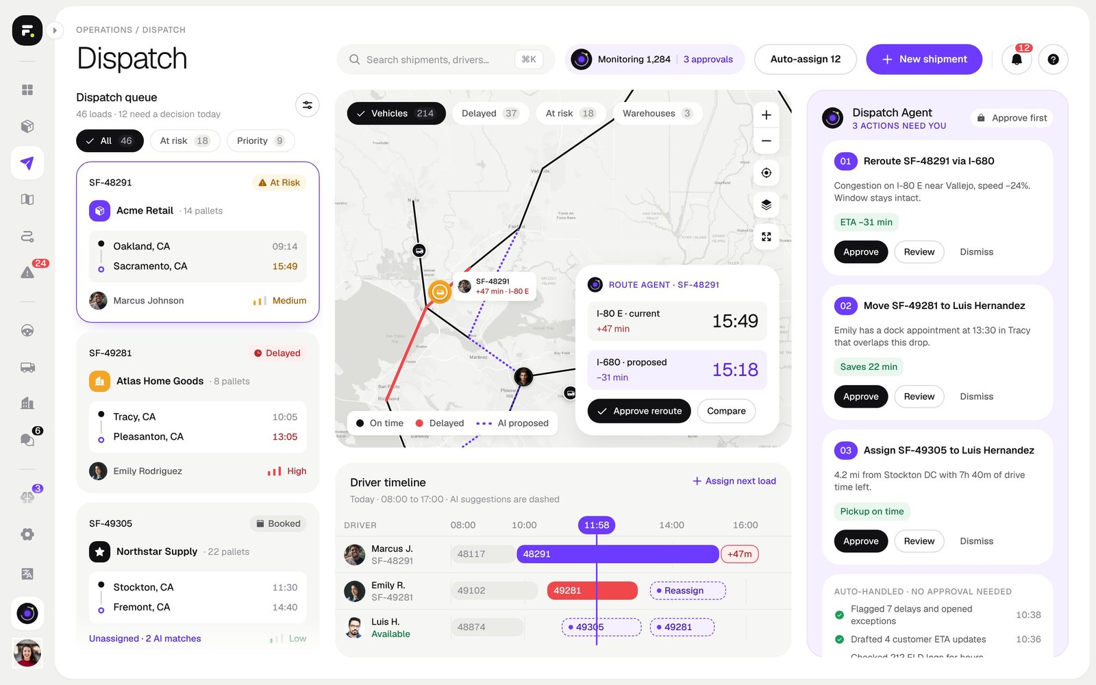 The FleetFlow dispatch screen with the load queue, a proposed reroute on the map and agent recommendations