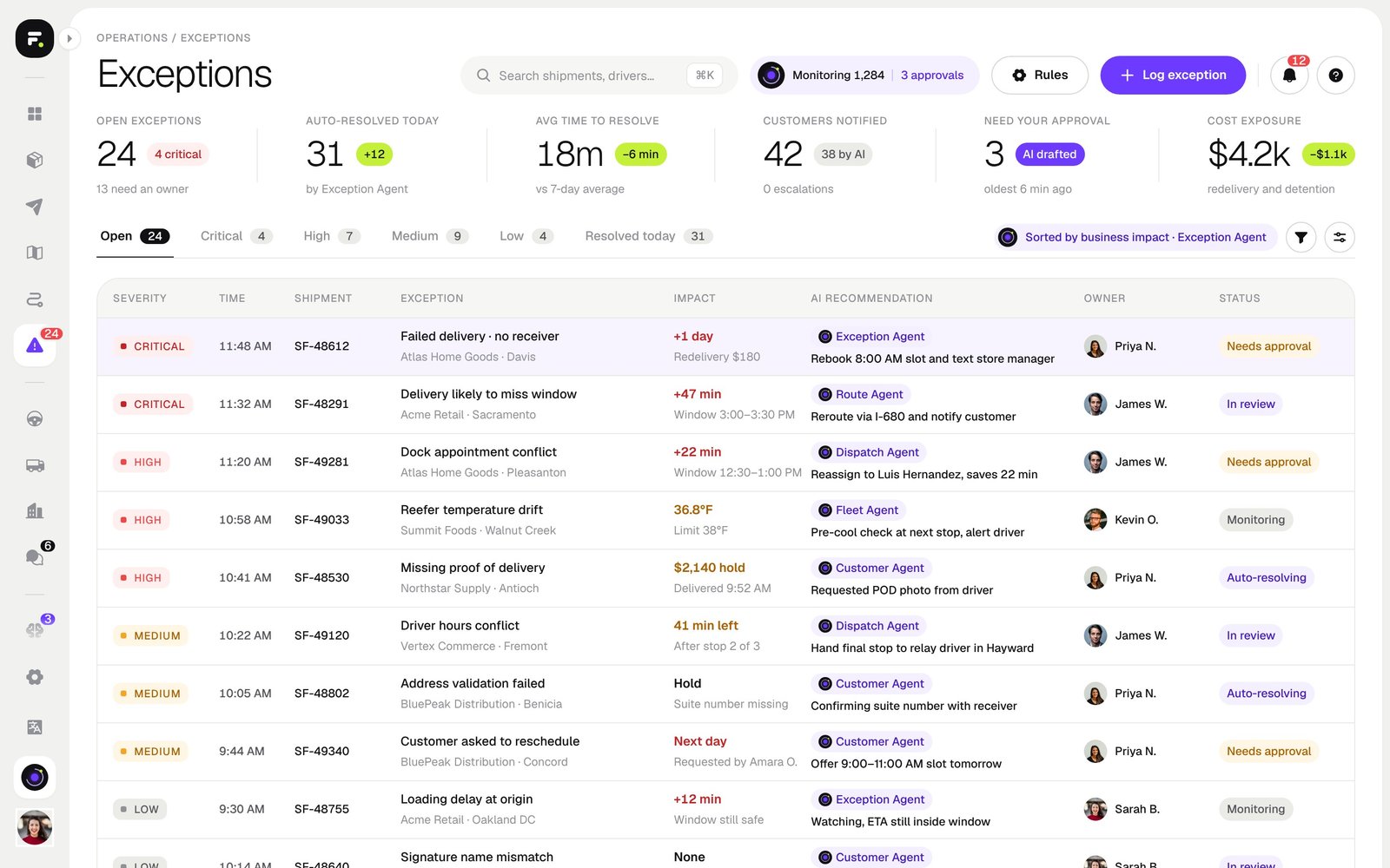 The FleetFlow exceptions table with severity, business impact, the agent recommendation, owner and status