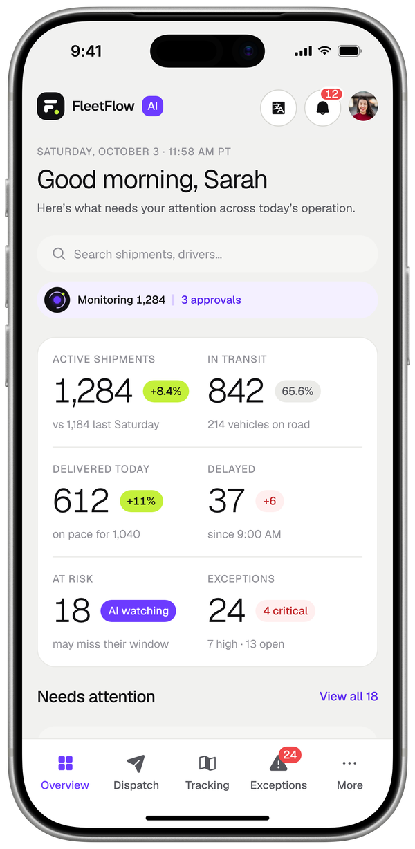 FleetFlow AI overview on an iPhone 17 Pro