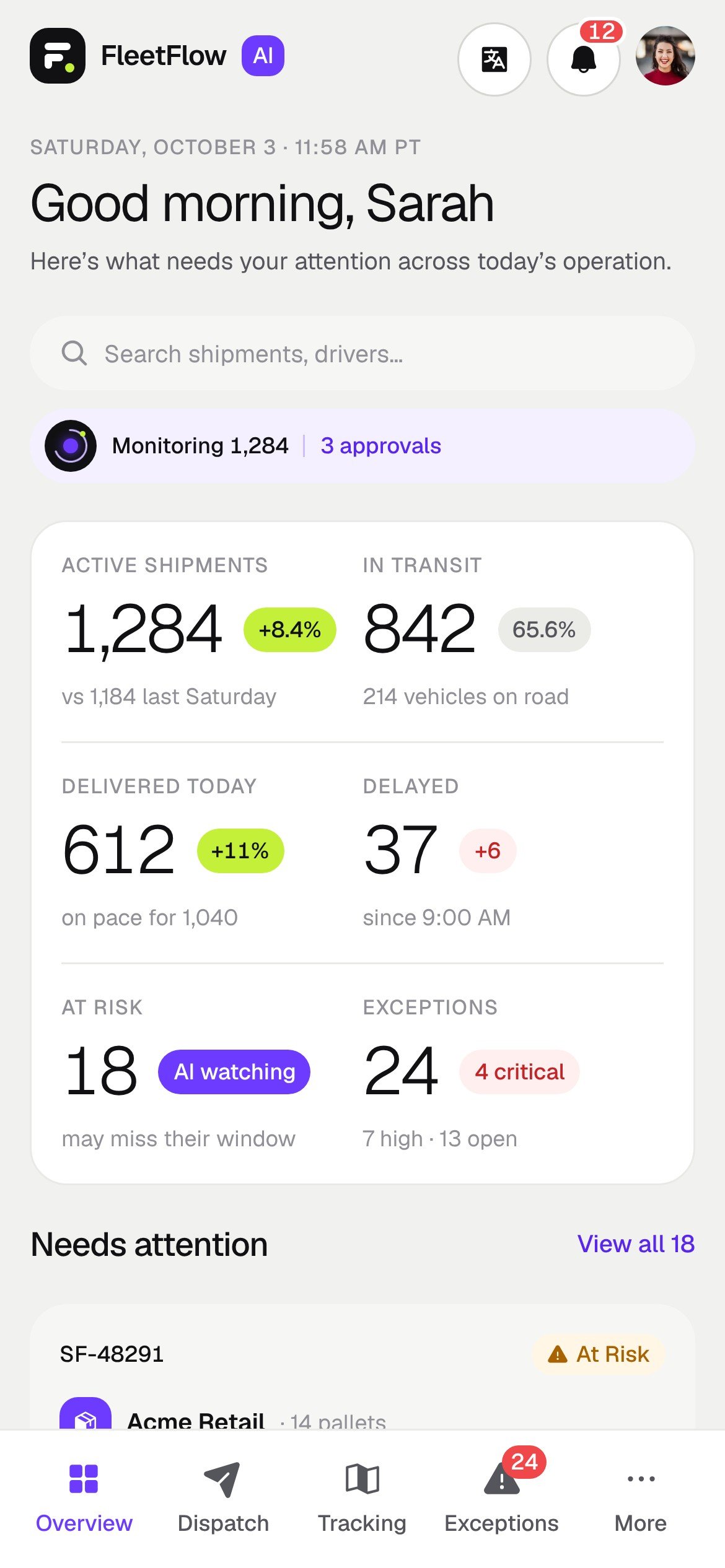 The FleetFlow overview on a phone with key numbers, the needs attention list and a tab bar