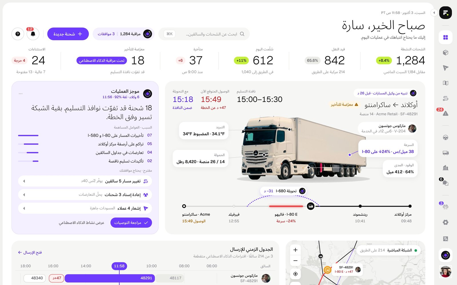 The FleetFlow operations overview in Arabic, with the sidebar on the right and the dispatch timeline running right to left