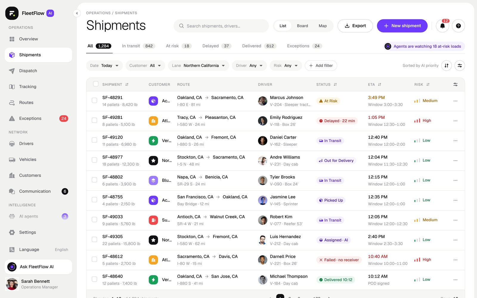 FleetFlow shipments table with the sidebar open, showing labels, groups and counts