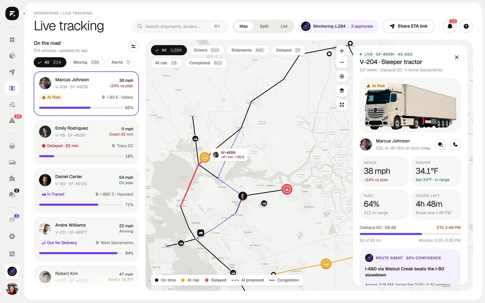 FleetFlow live tracking with the vehicle list, map and a sleeper tractor detail panel