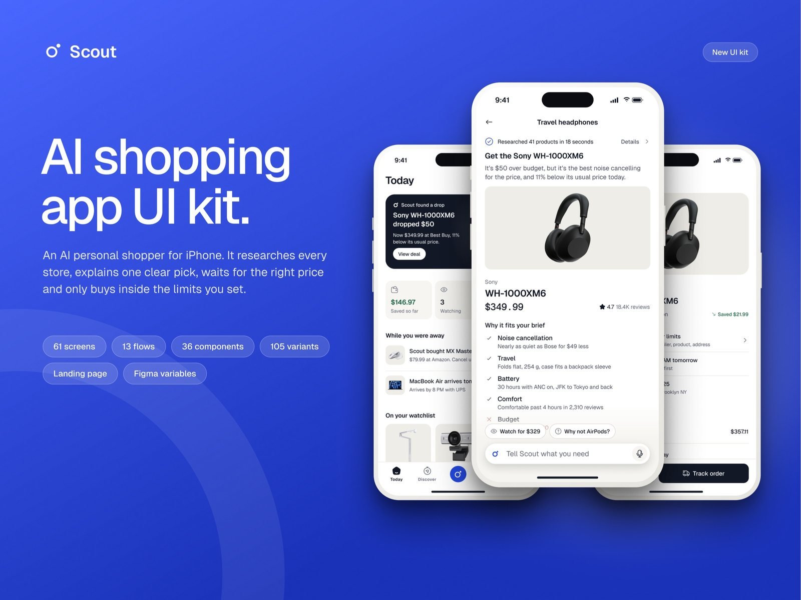 Scout AI shopping app UI kit on three iPhones