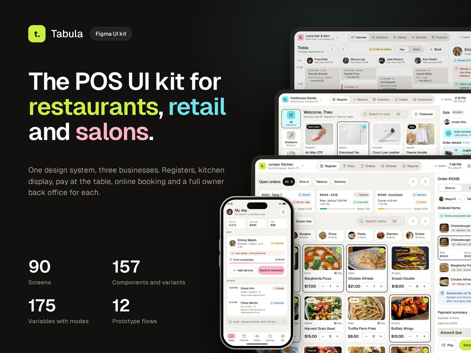 Tabula POS UI kit with restaurant, retail and salon registers on tablet and phone