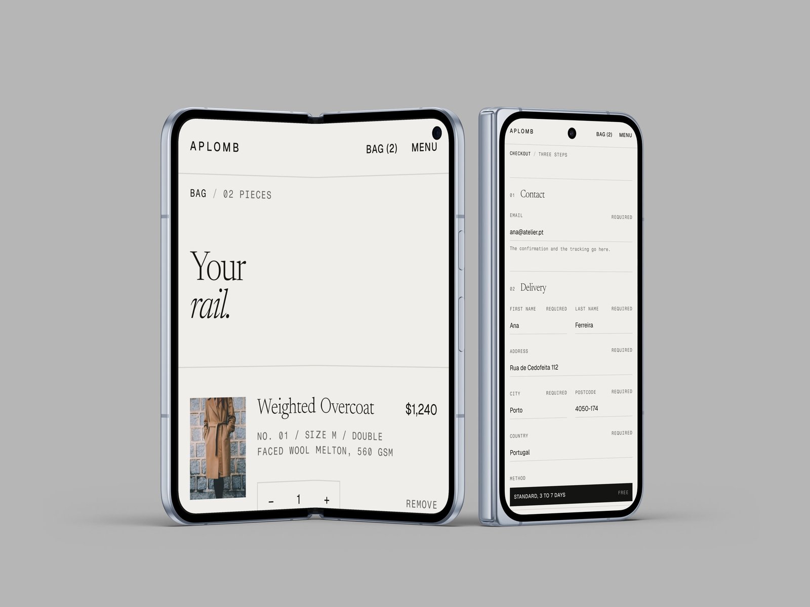 Two phones side by side showing the Aplomb bag and the first step of checkout