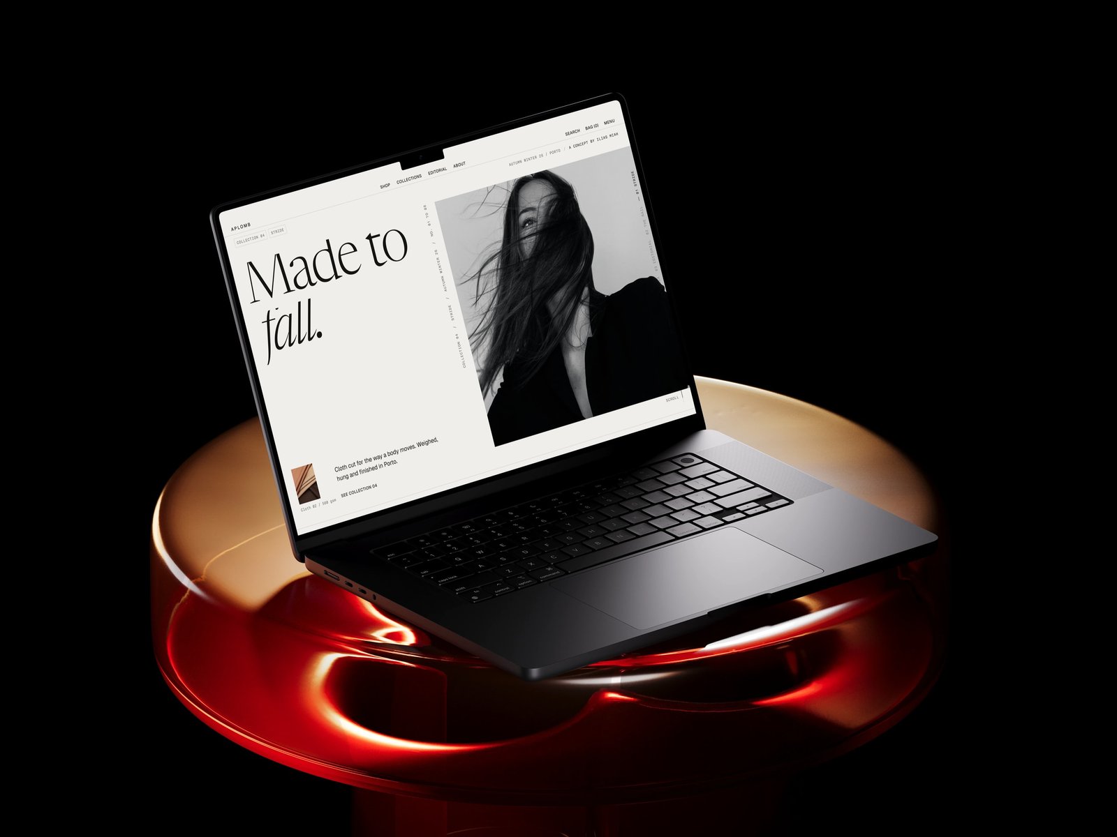 The Aplomb home page on a laptop, the display serif reading Made to fall beside a black and white campaign frame