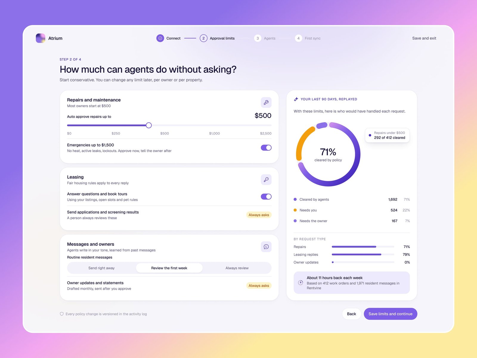 The Atrium onboarding step for approval limits, with the last 90 days replayed to show how many requests the limits would have cleared