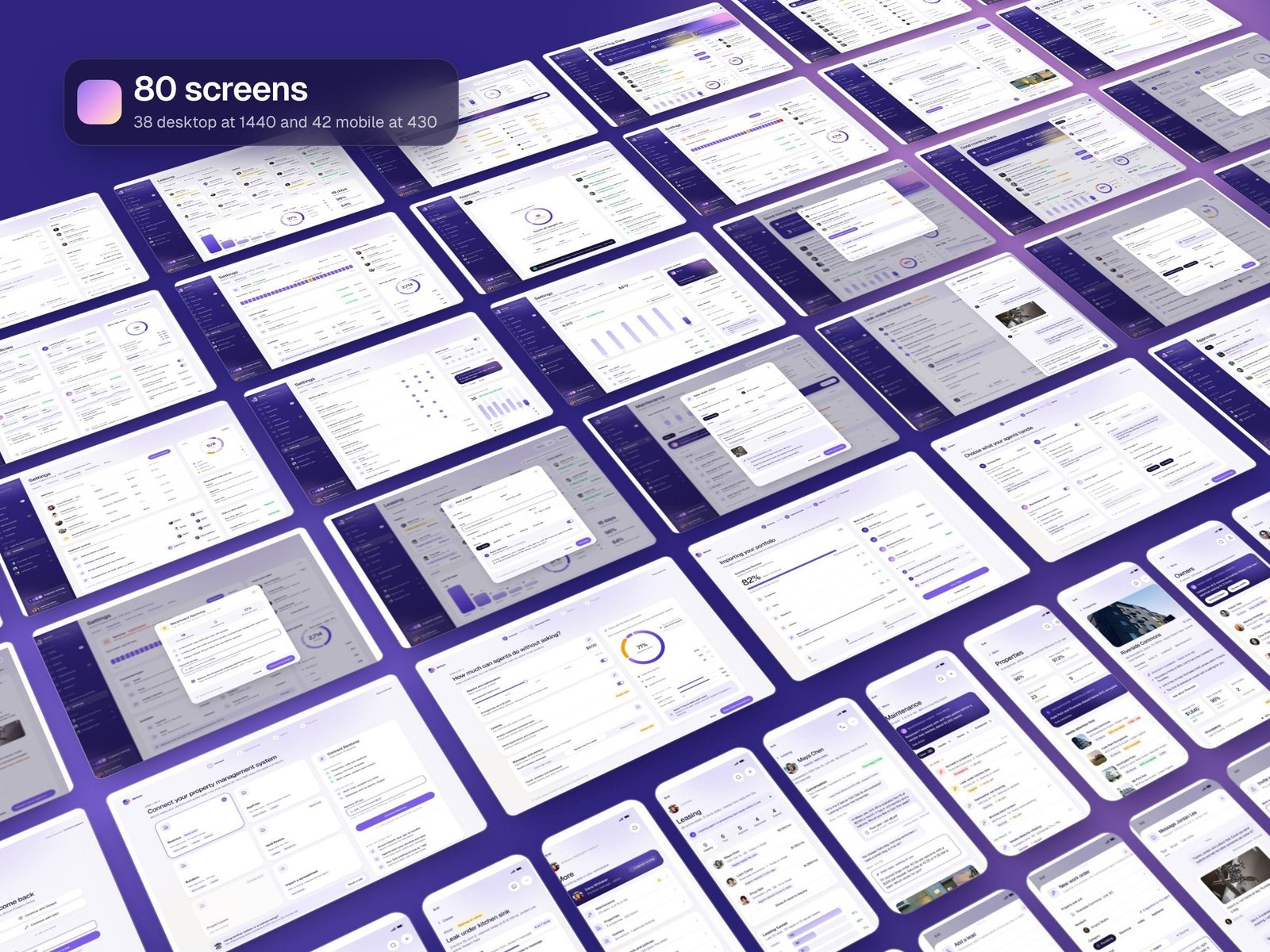 Atrium screens laid out in a grid: 38 desktop screens at 1440 and 42 mobile screens at 430