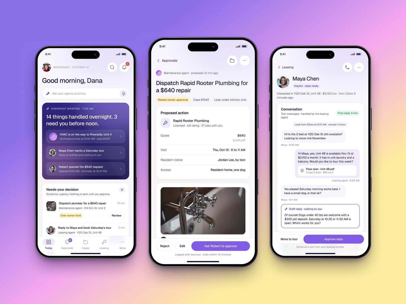 Atrium on three phones: the Today briefing, a plumbing repair waiting for approval, and a conversation with a new lead