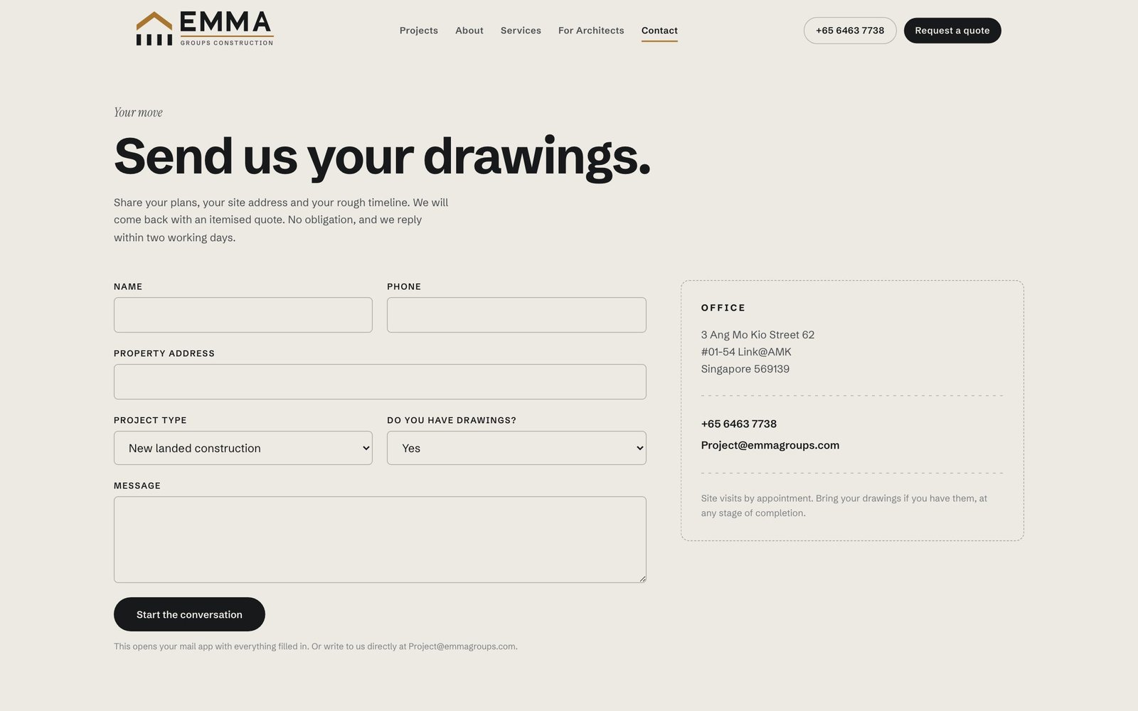Emma Groups contact page with an itemised quote request form
