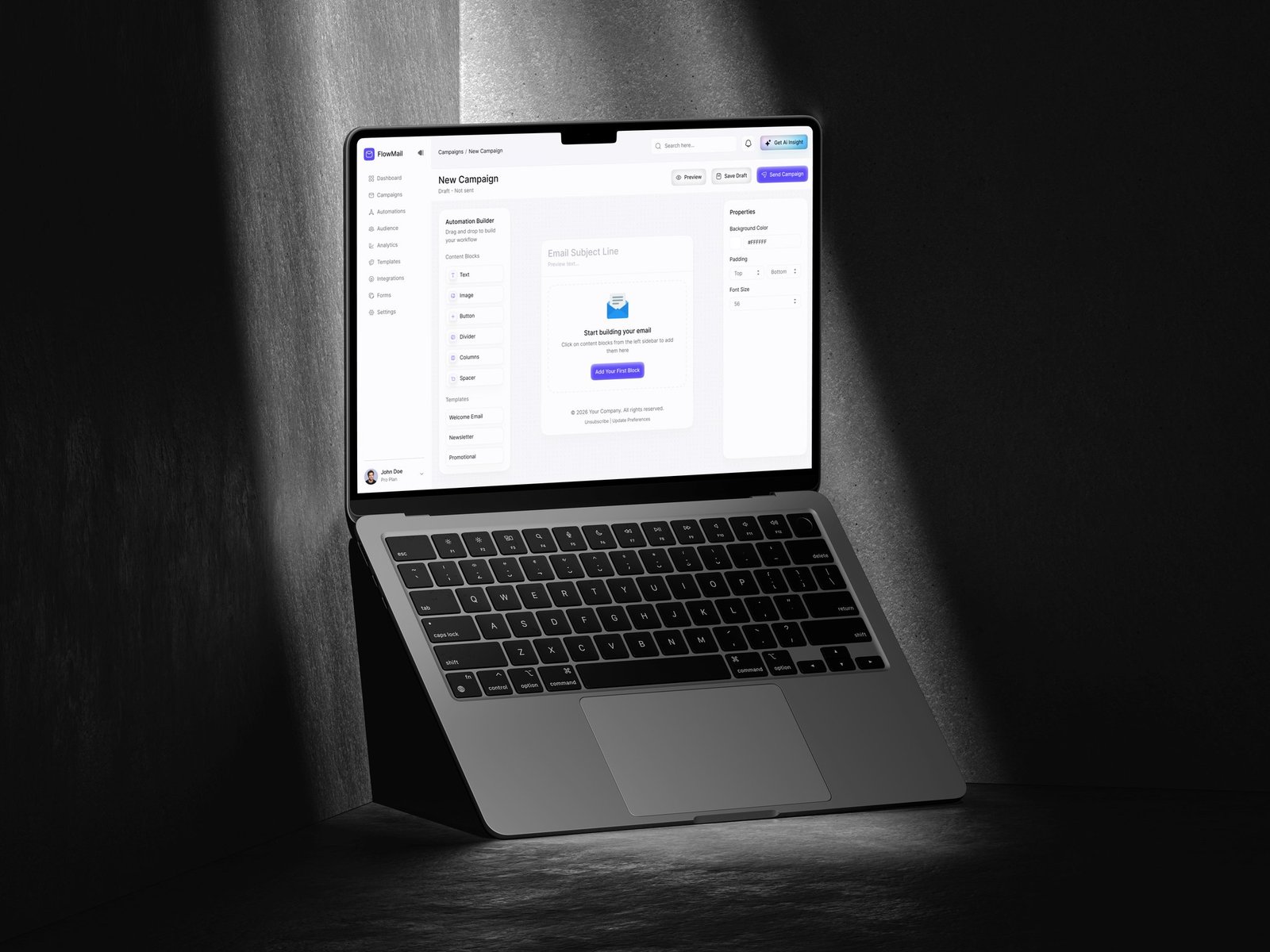 FlowMail campaign builder with drag-and-drop content blocks