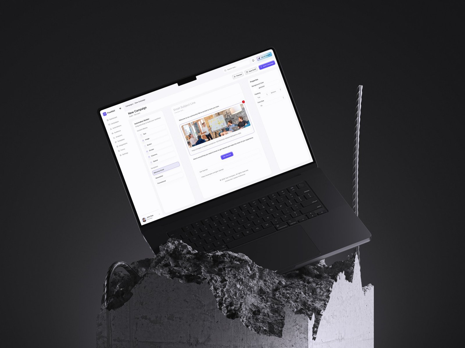 A finished welcome email composed in the FlowMail builder