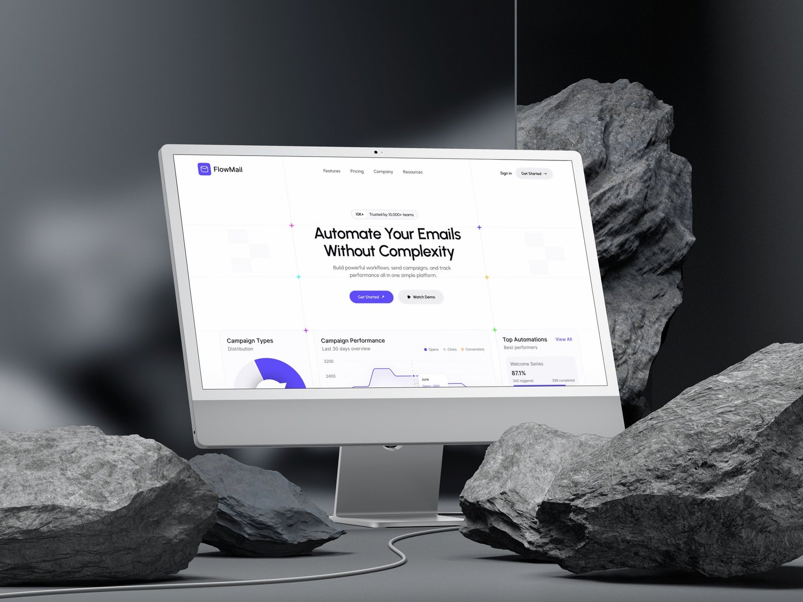 FlowMail marketing site shown on a desktop display