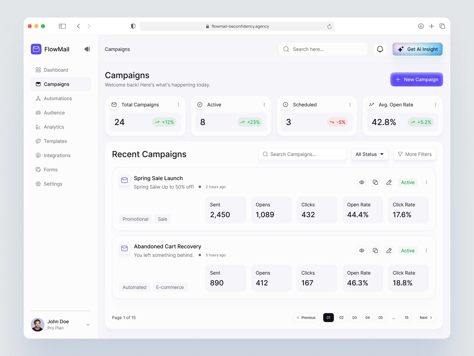 FlowMail campaigns view with performance metrics