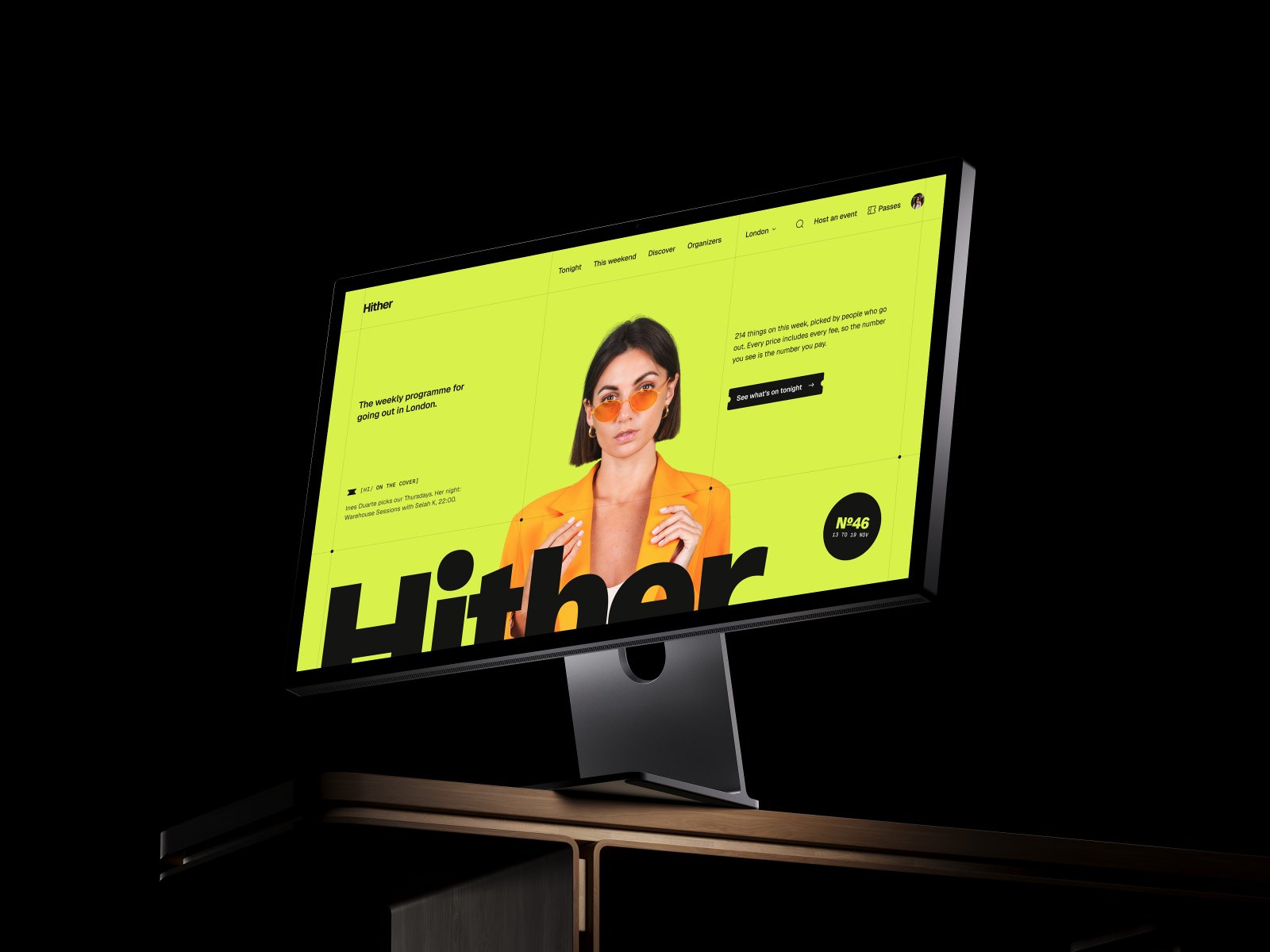 The Hither home page on a desktop display, a portrait on a lime hero under the headline Hither
