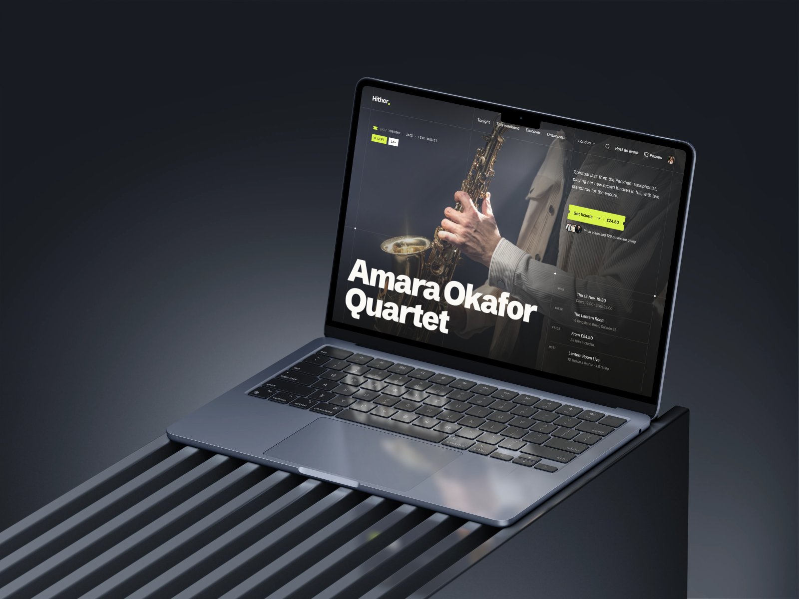 The Amara Okafor Quartet event page on a laptop