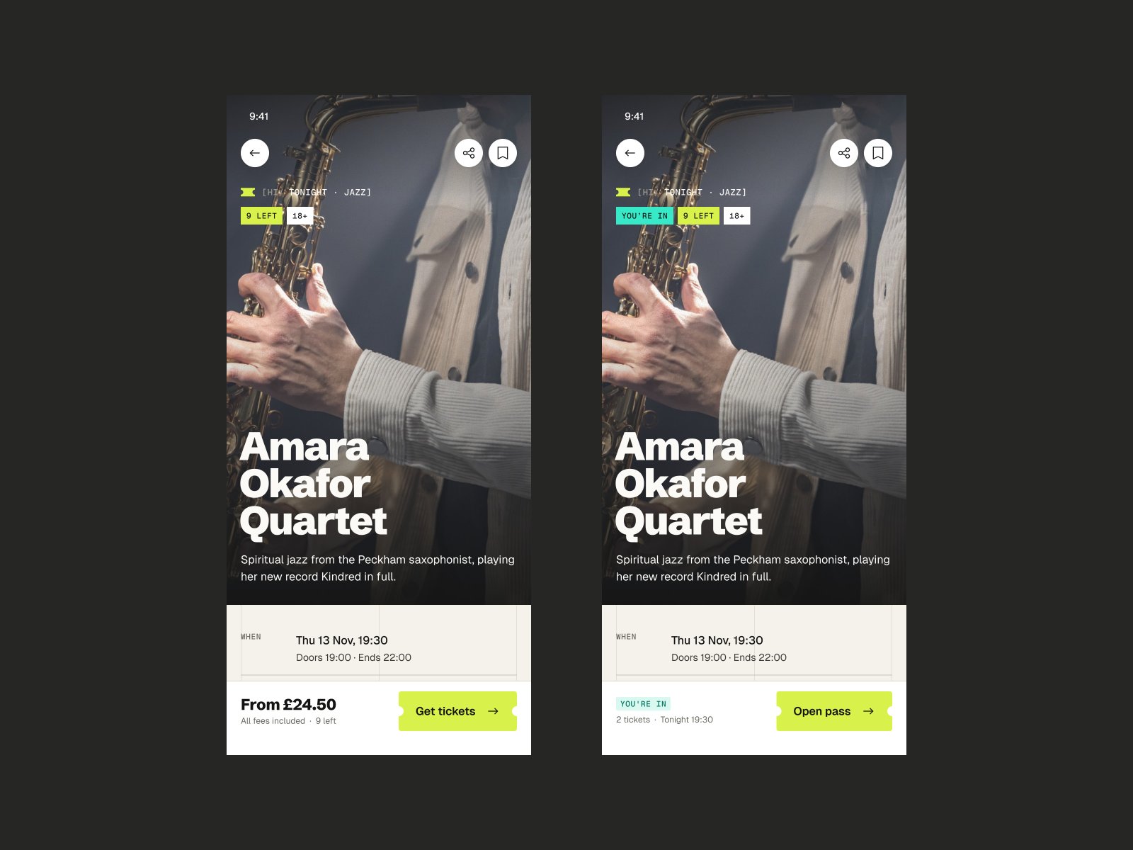 Two Hither event page screens on a phone, before and after buying a ticket, with a lime Get tickets button and then an Open pass button