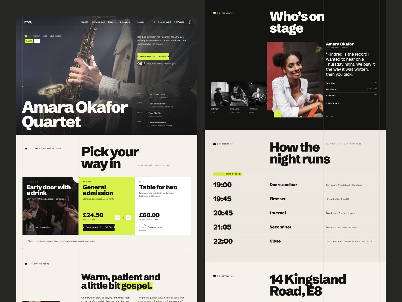 Hither event page screens for the Amara Okafor Quartet: the night in one card, pick your way in, who is on stage and how the night runs