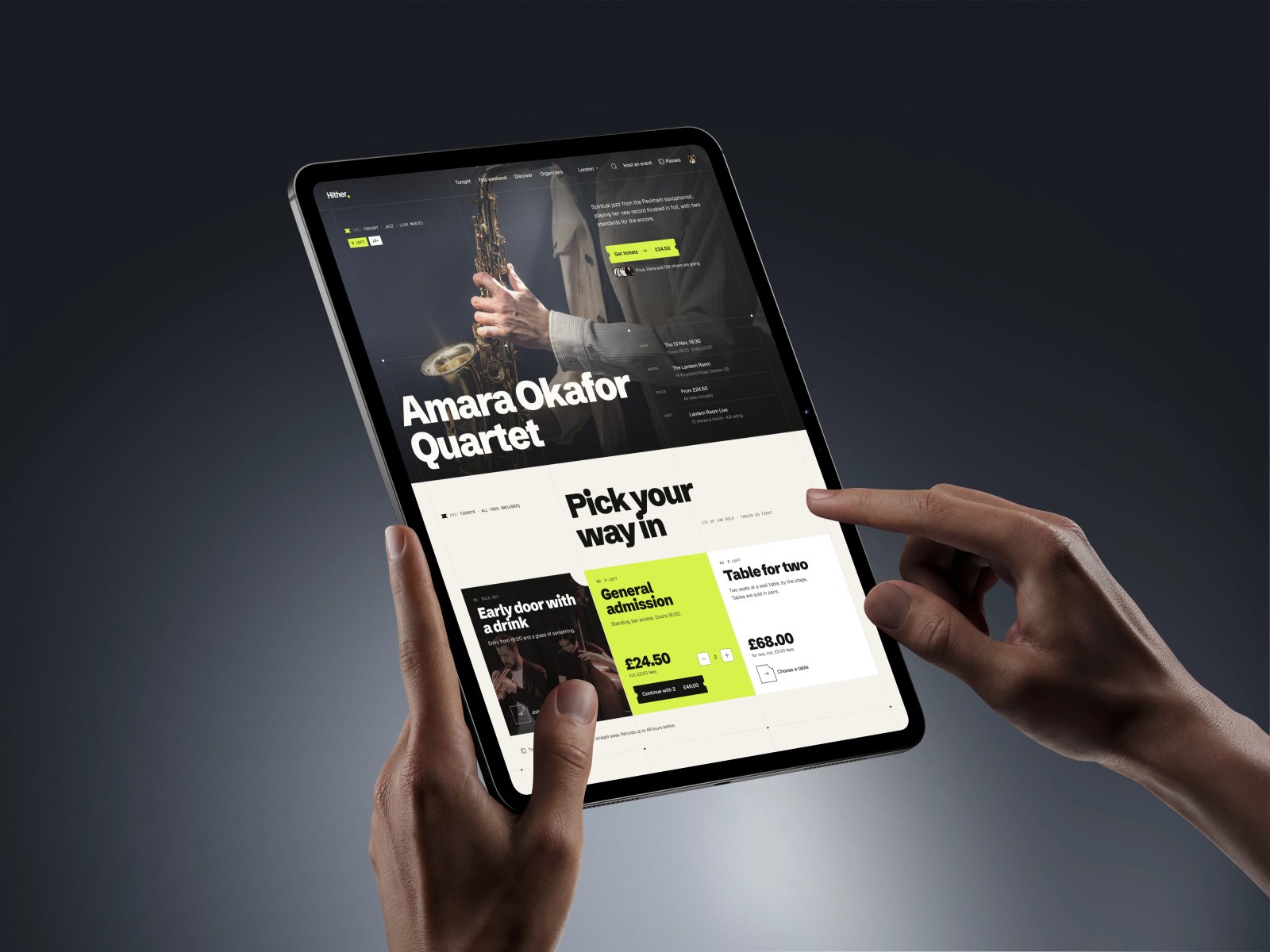 The Amara Okafor Quartet event page on a tablet, a hand choosing a ticket