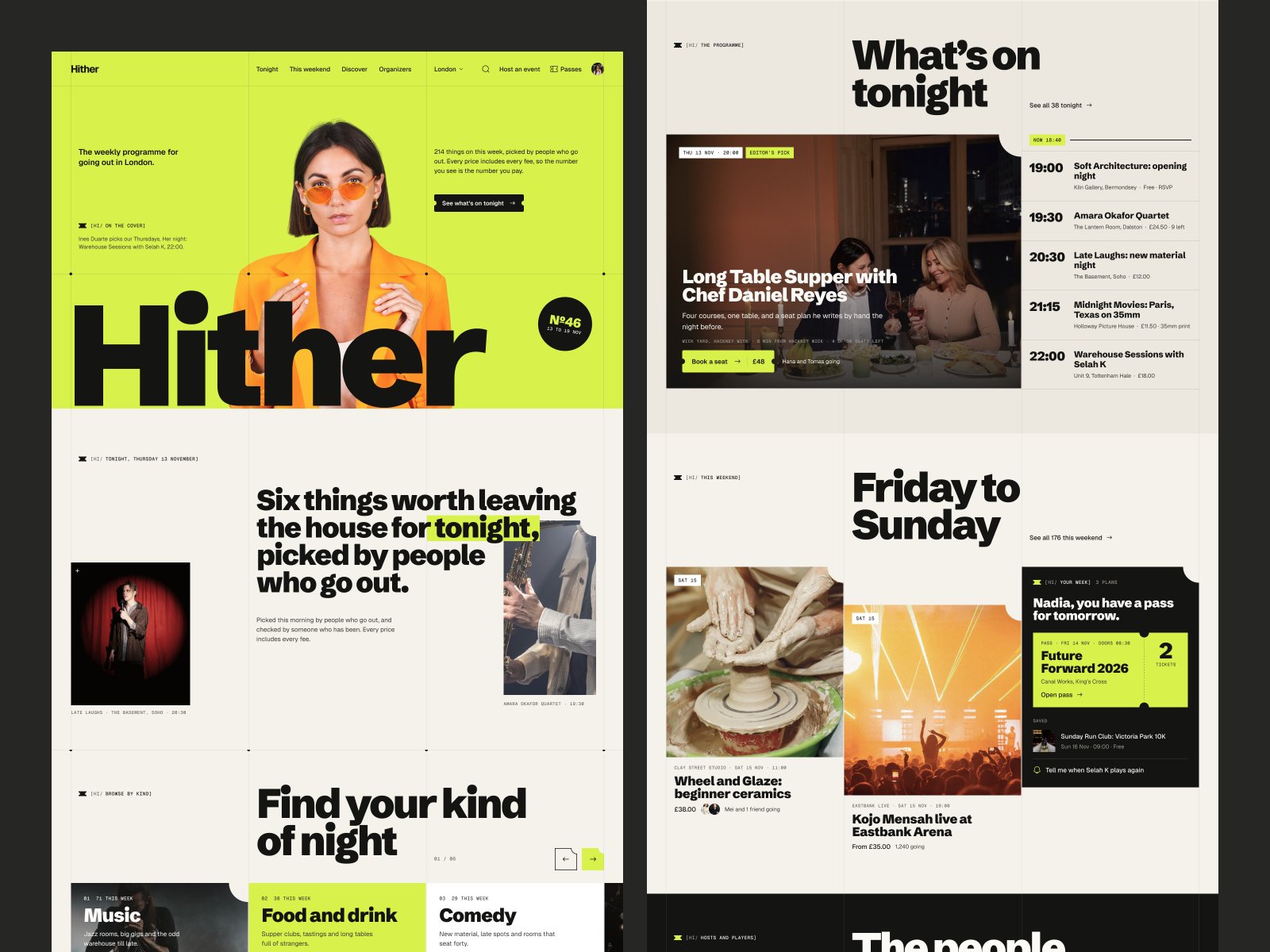 Hither home page screens: the lime hero, six things worth leaving the house for tonight, find your kind of night, and what is on tonight