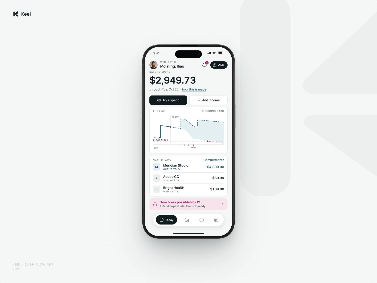 Keel cash flow app shown on an iPhone, with the safe to spend balance and forecast
