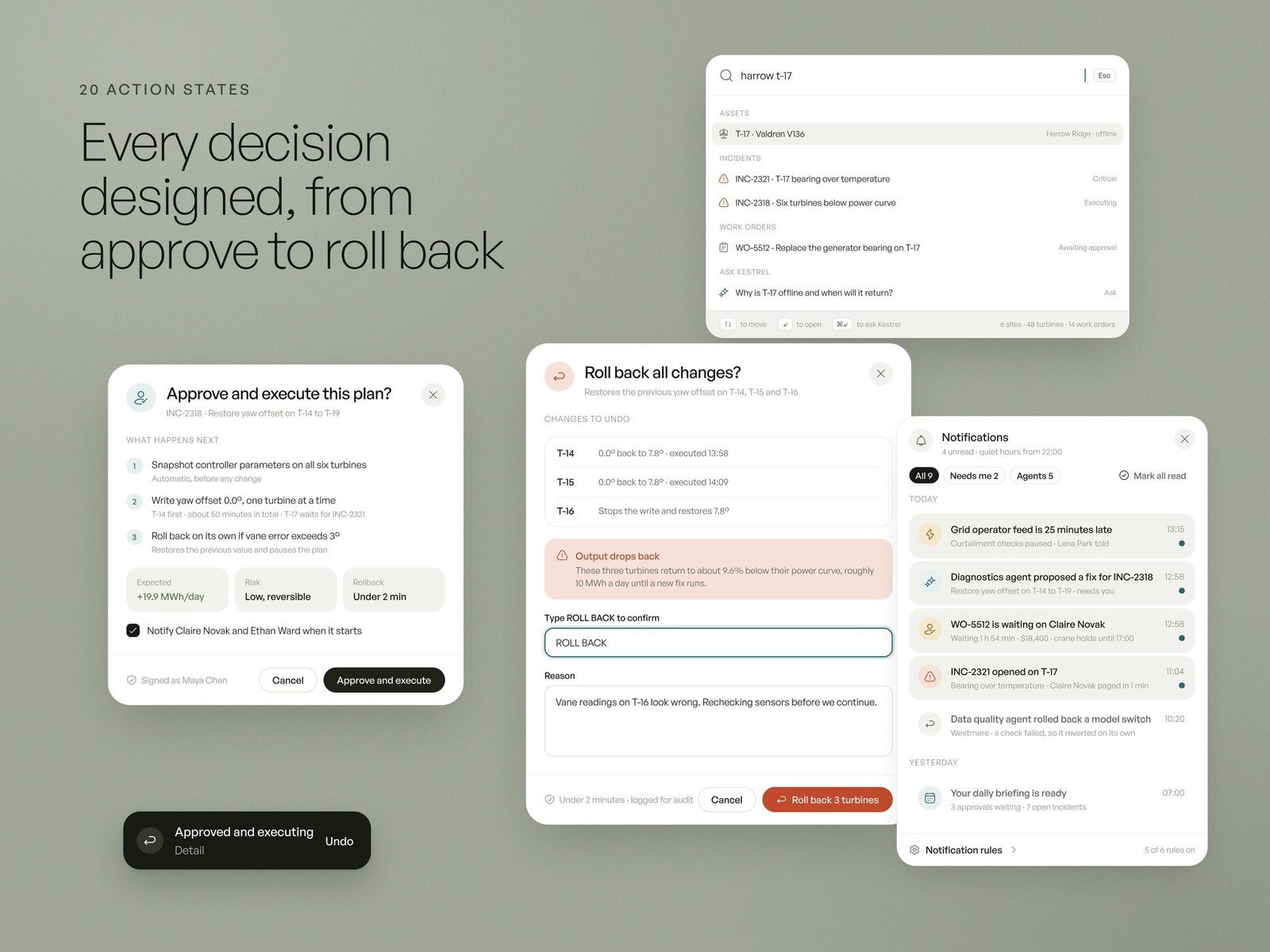 Kestrel action states: approving and executing a plan, rolling back every change, and the notifications panel