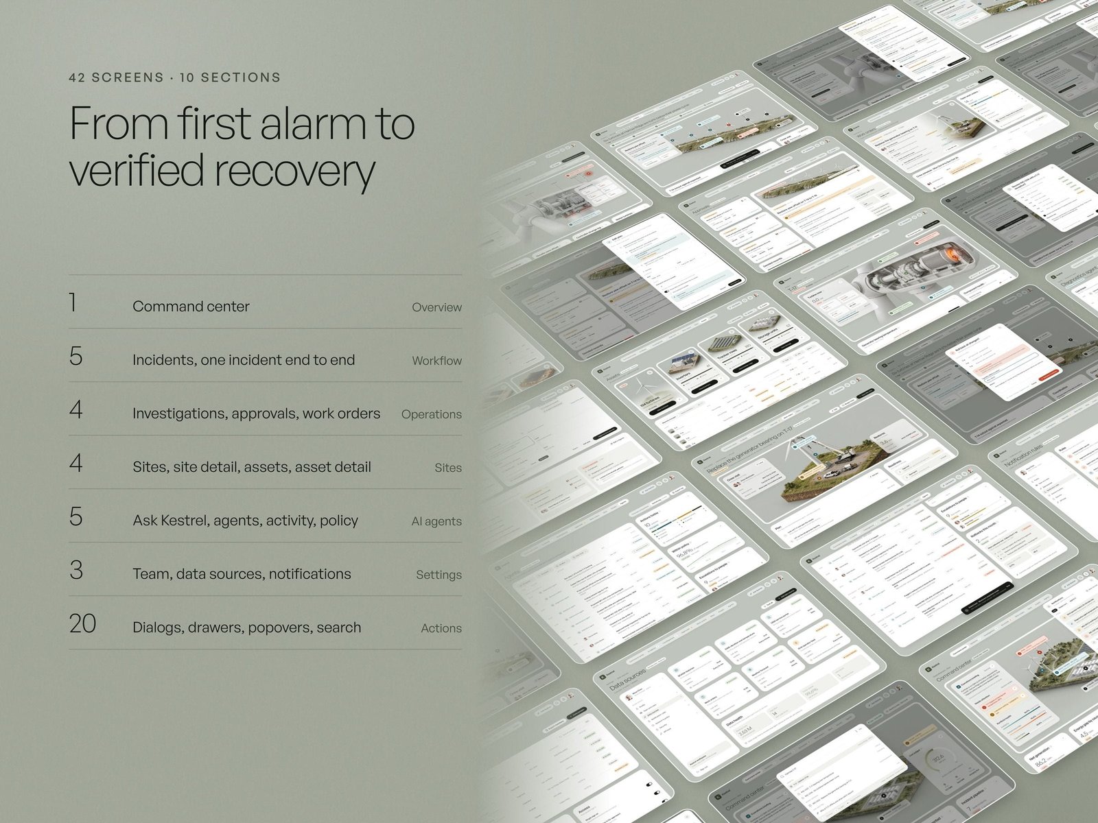 Kestrel screens laid out in a grid: 42 screens in 10 sections