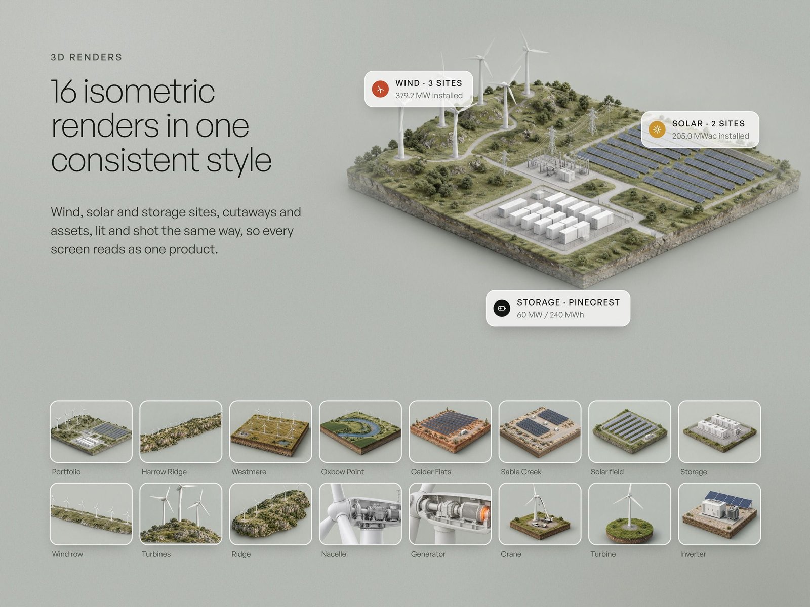 Sixteen isometric 3D renders of wind, solar and storage sites, cutaways and assets in one consistent style