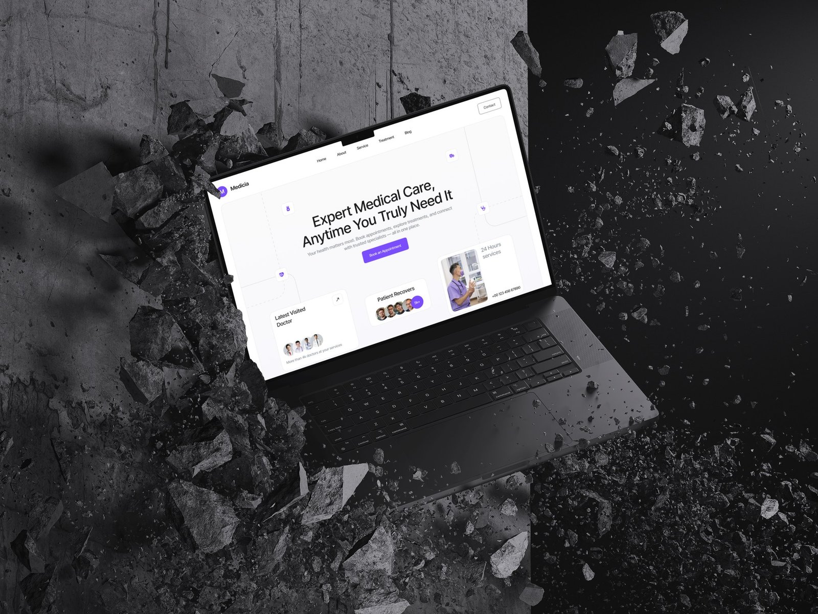 Medicia medical website homepage on a laptop, dark studio mockup