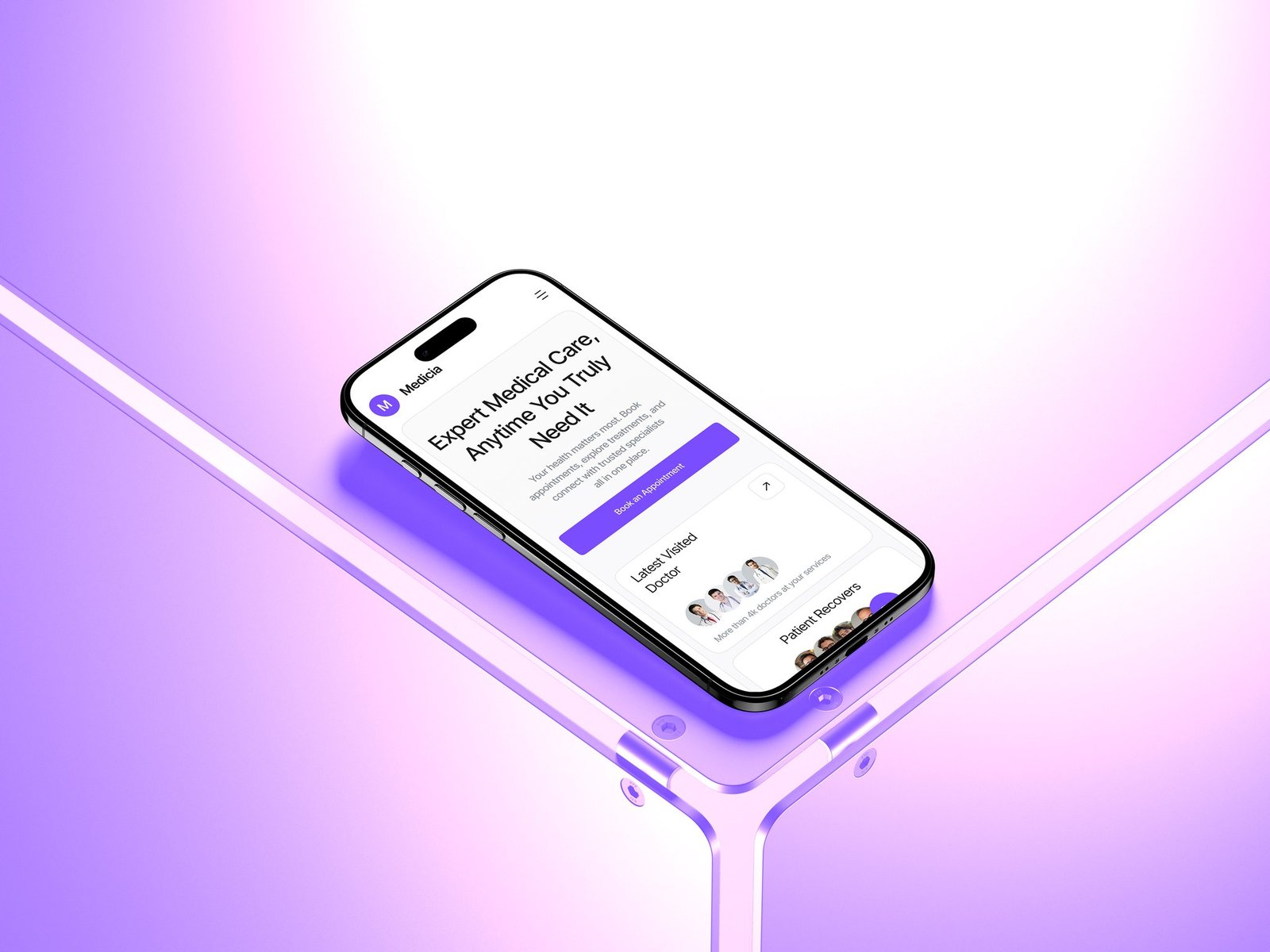Medicia mobile homepage on an iPhone against neon violet