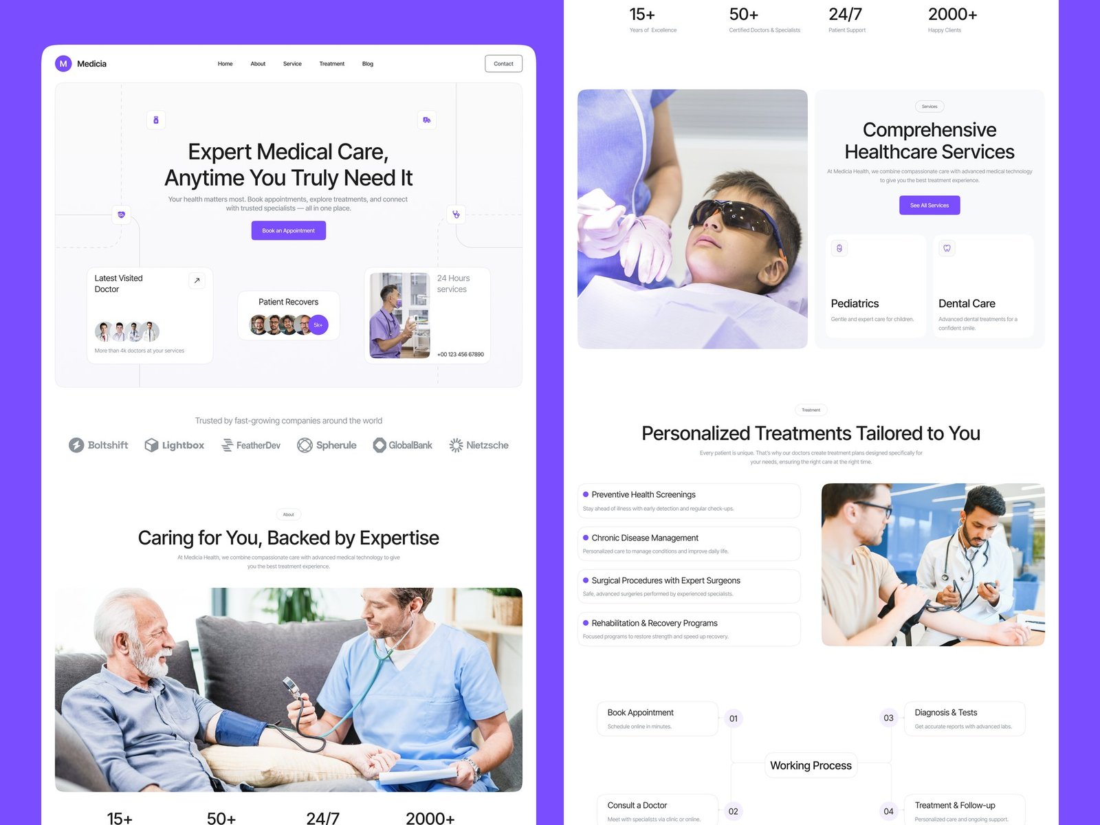 Two Medicia desktop pages side by side on a violet background