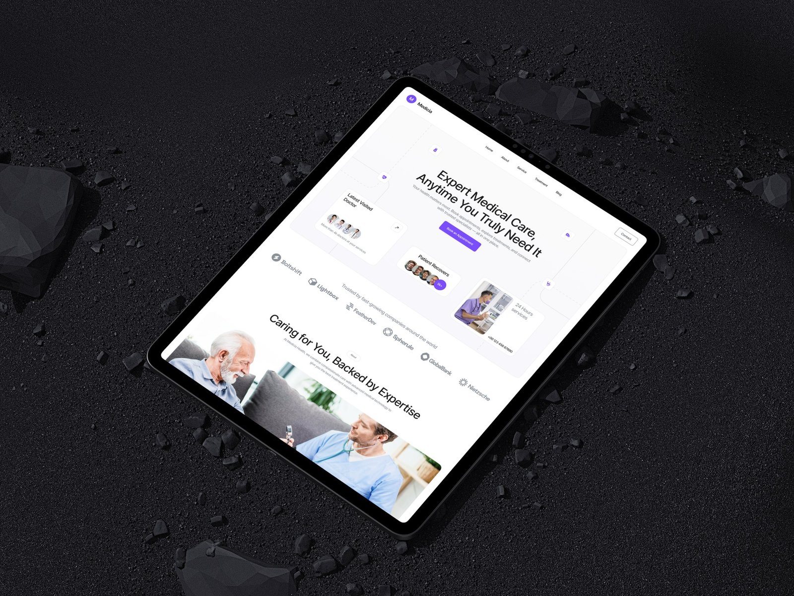 Medicia website scrolled on a tablet, dark studio scene
