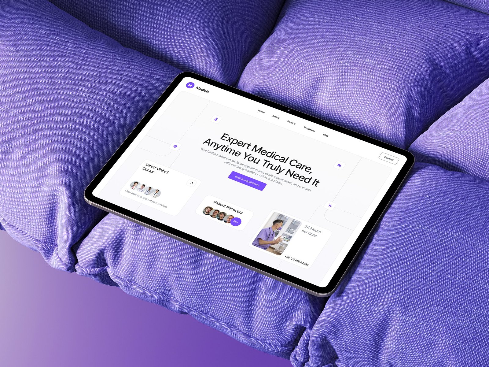 Medicia homepage on an iPad resting on violet fabric