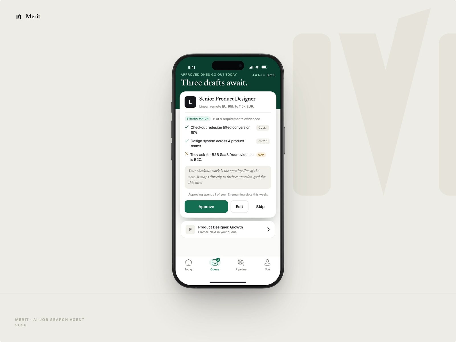 Merit job search agent shown on an iPhone, with a drafted application, its evidence and the approve, edit and skip actions