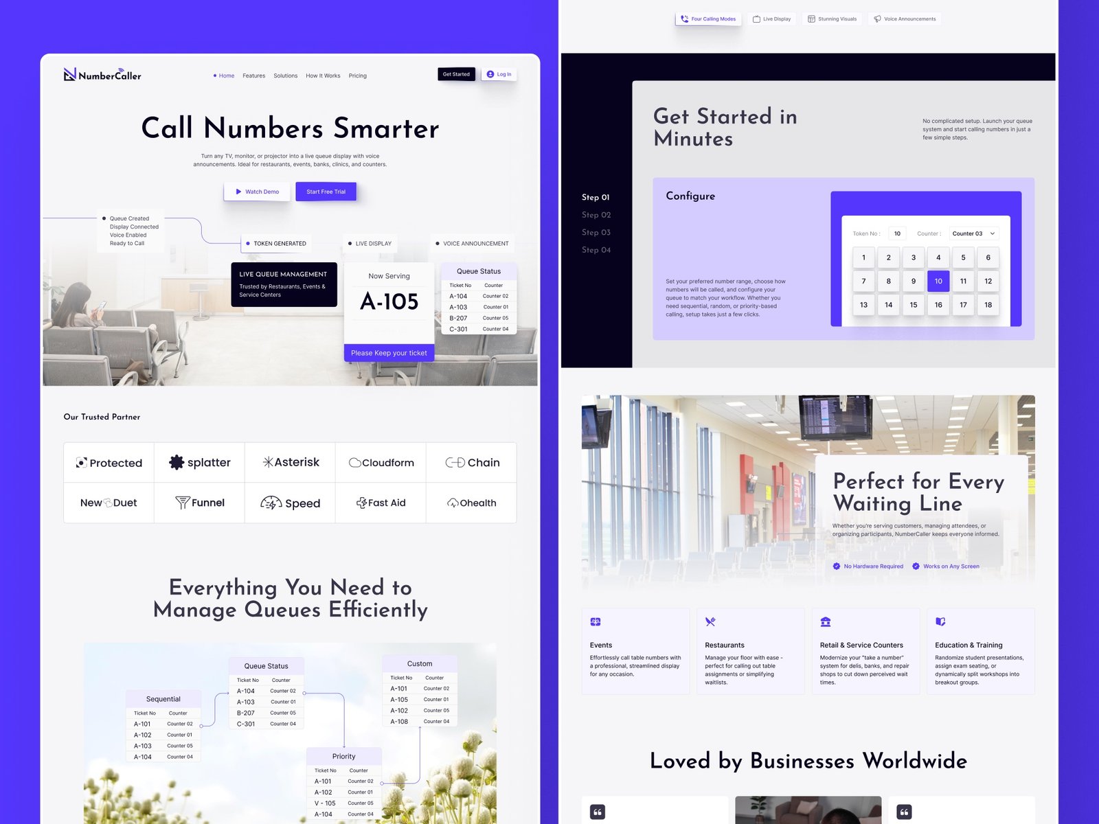 NumberCaller homepage sections in a desktop mockup