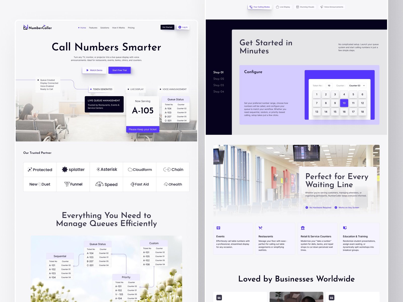 NumberCaller feature sections in a desktop mockup
