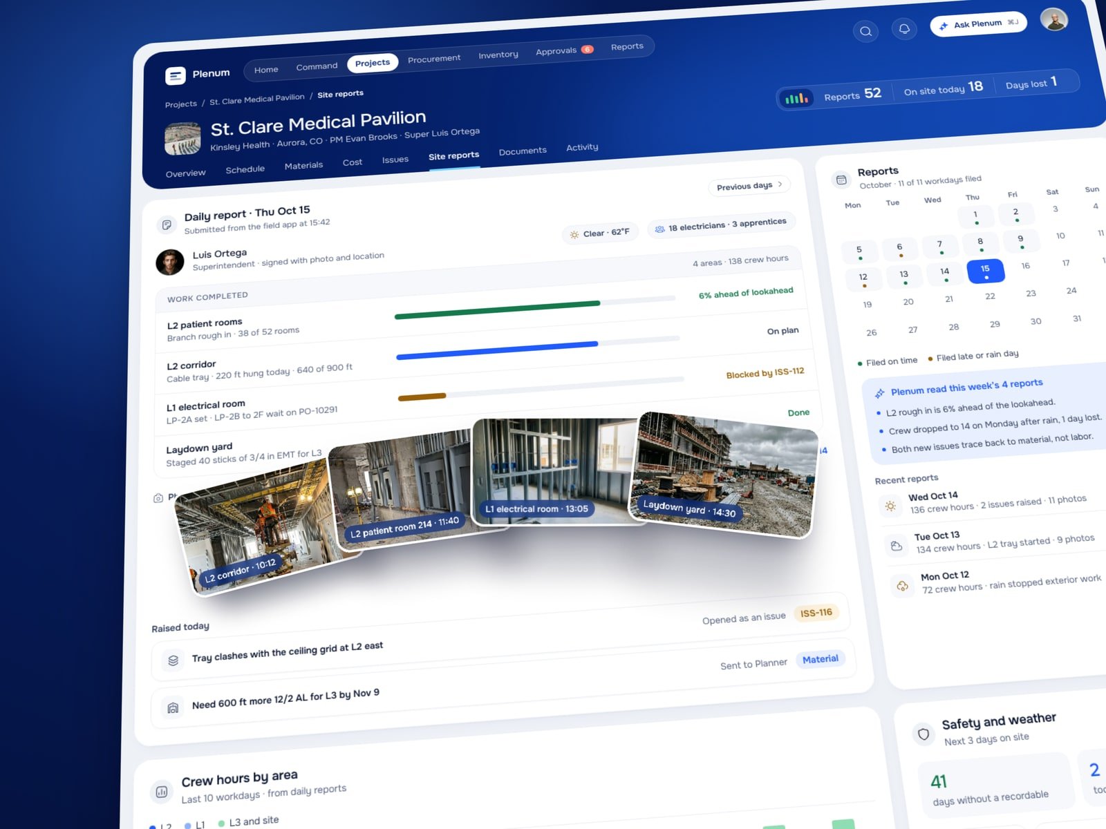 Plenum site reports: a daily report with work completed by area, site photos, issues raised today and a calendar of filed reports