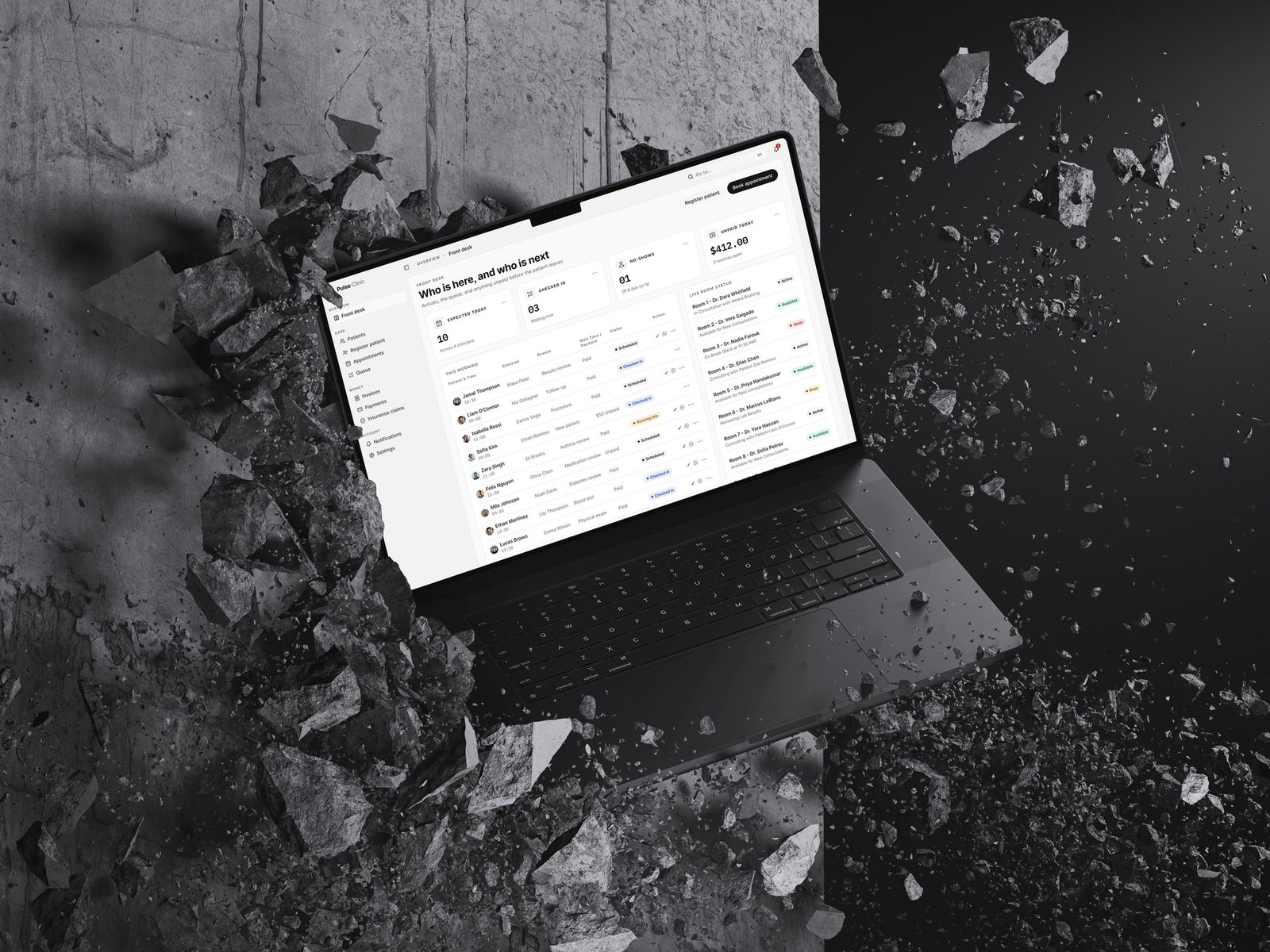 Pulse Clinic front desk screen on a laptop, showing arrivals, live room status and unpaid invoices