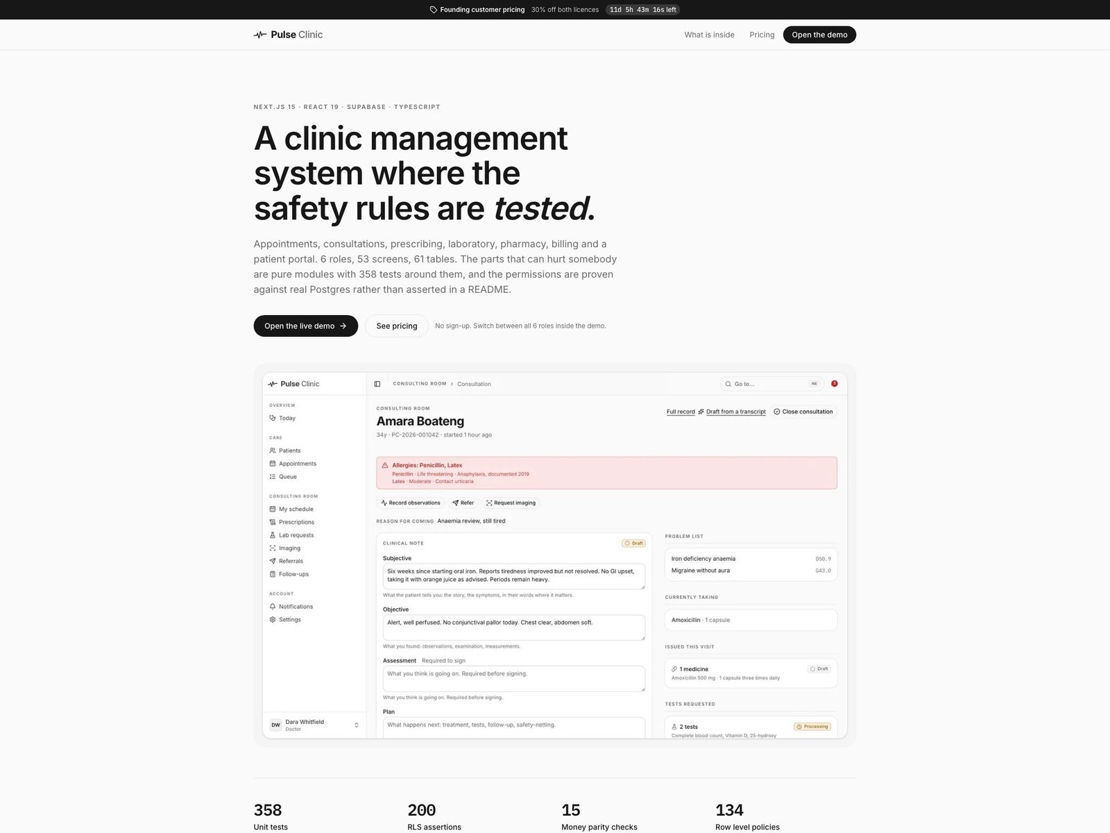 Pulse Clinic product site with evidence-led sales page