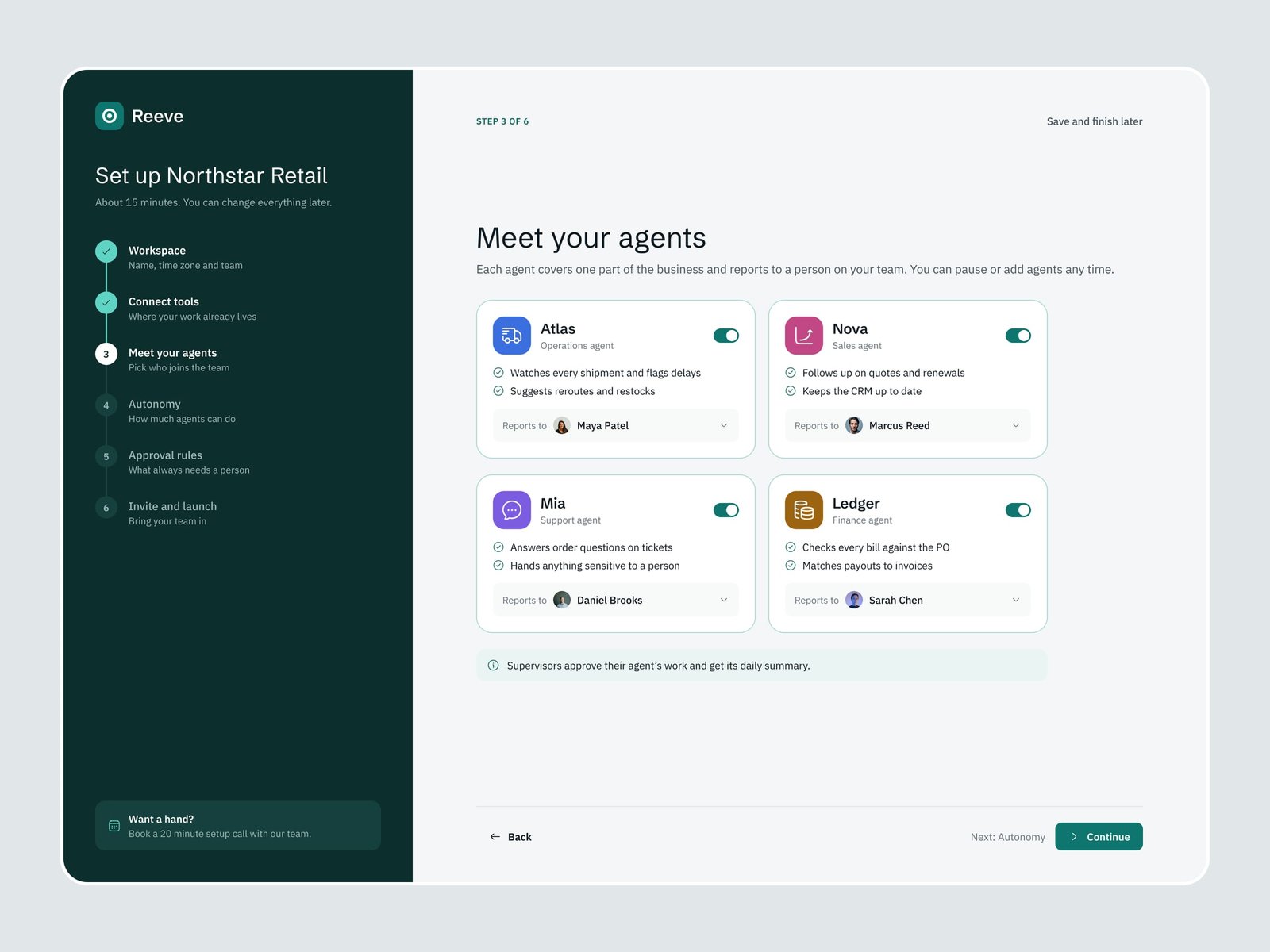 The Reeve setup step Meet your agents, with four agent cards for operations, sales, support and finance, each reporting to a person