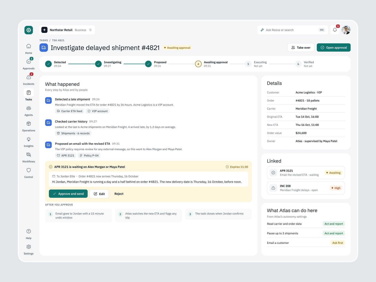 A Reeve task awaiting approval: a delayed shipment investigated by the operations agent, with every step, the drafted email and what happens after approval