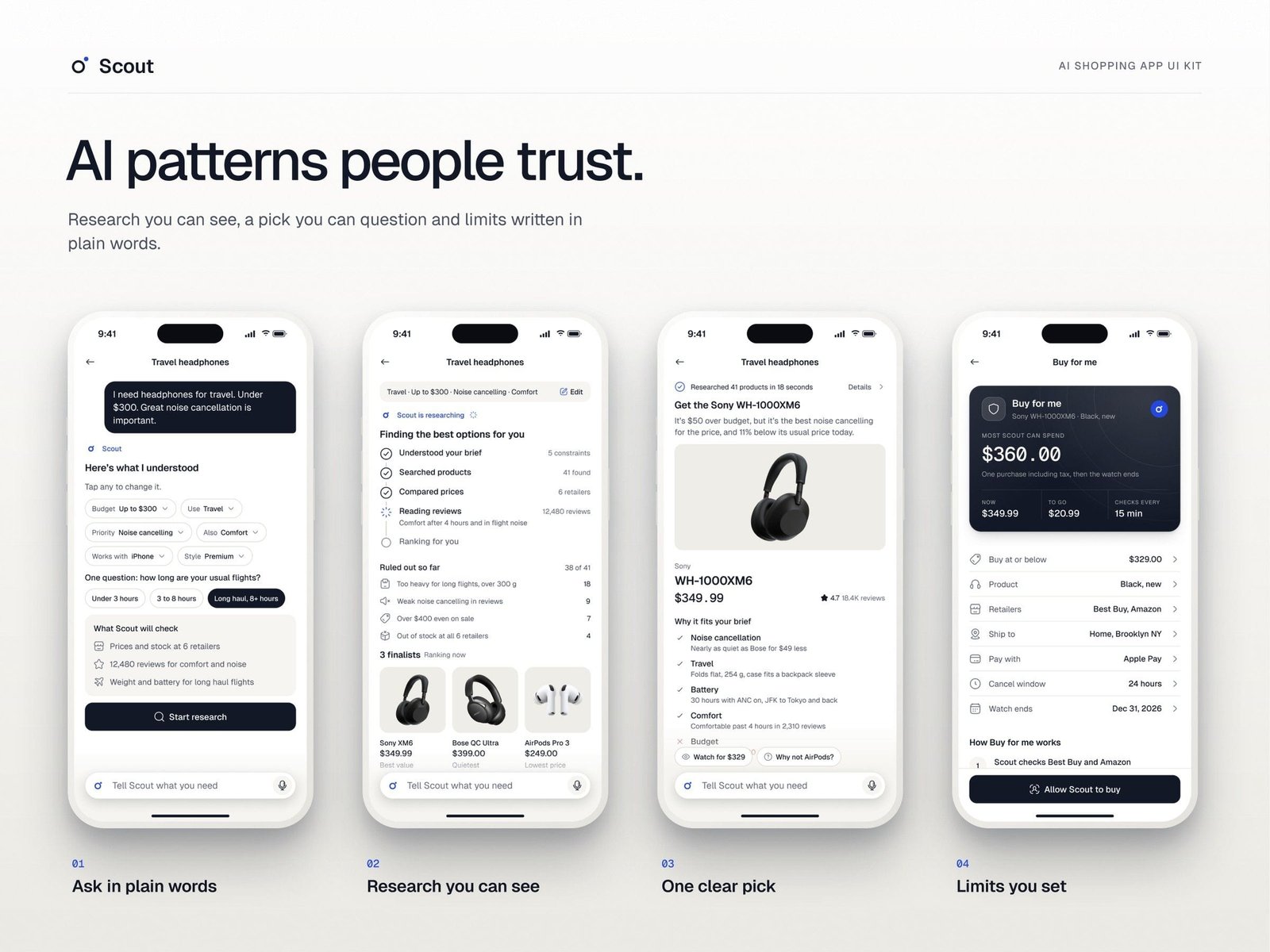 Scout AI patterns on four phones: a request in plain words, research in progress, one clear pick, and the limits for buying