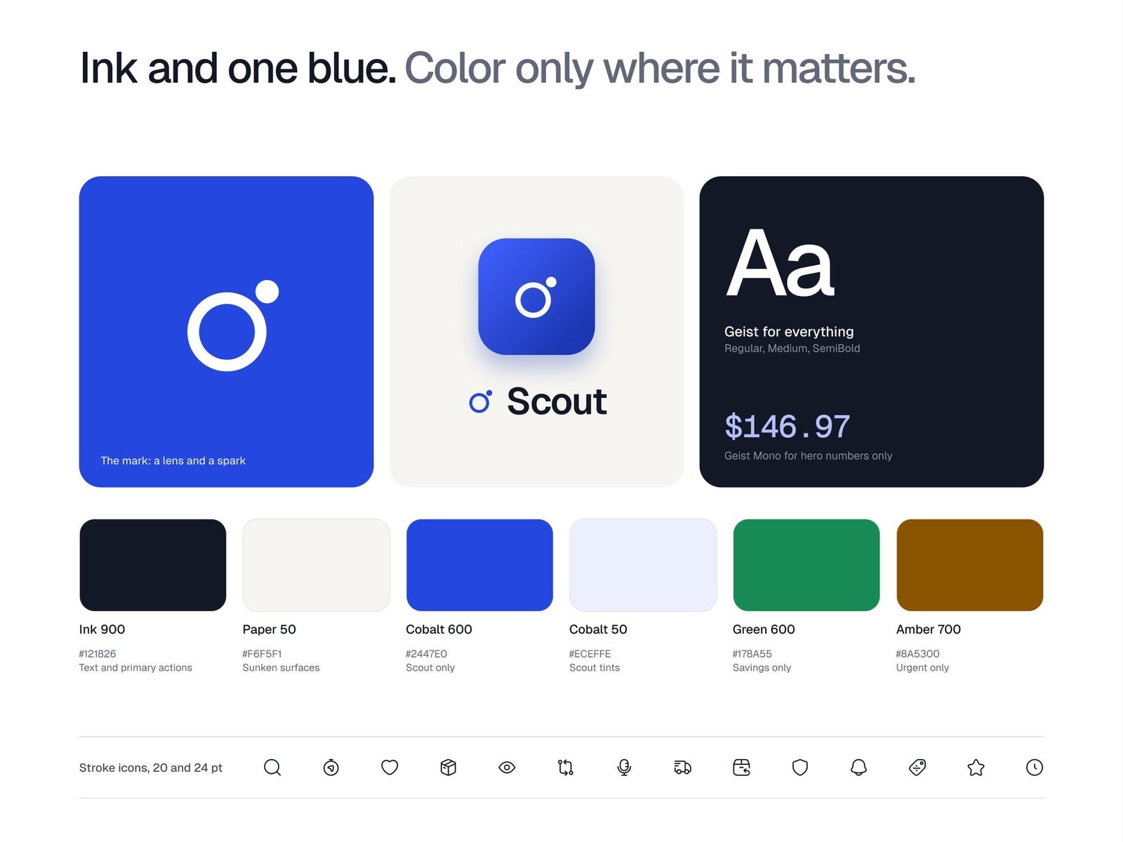 The Scout brand: the mark, type in Geist, and a palette of ink, paper and one blue, with green and amber kept for savings and urgency