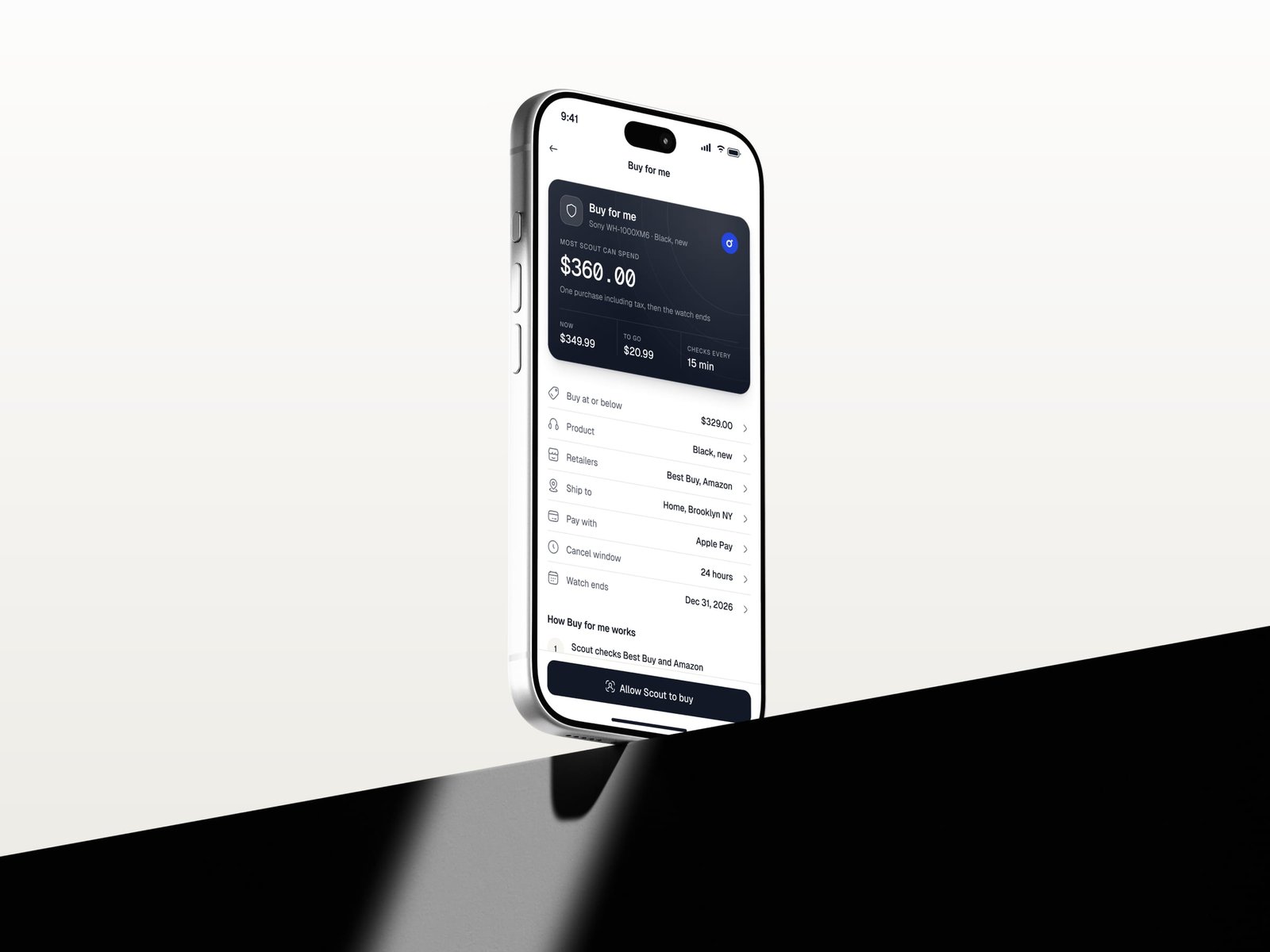 The Scout buy for me screen on a phone: the most Scout can spend, the price, the retailers, the address, the payment and the cancel window
