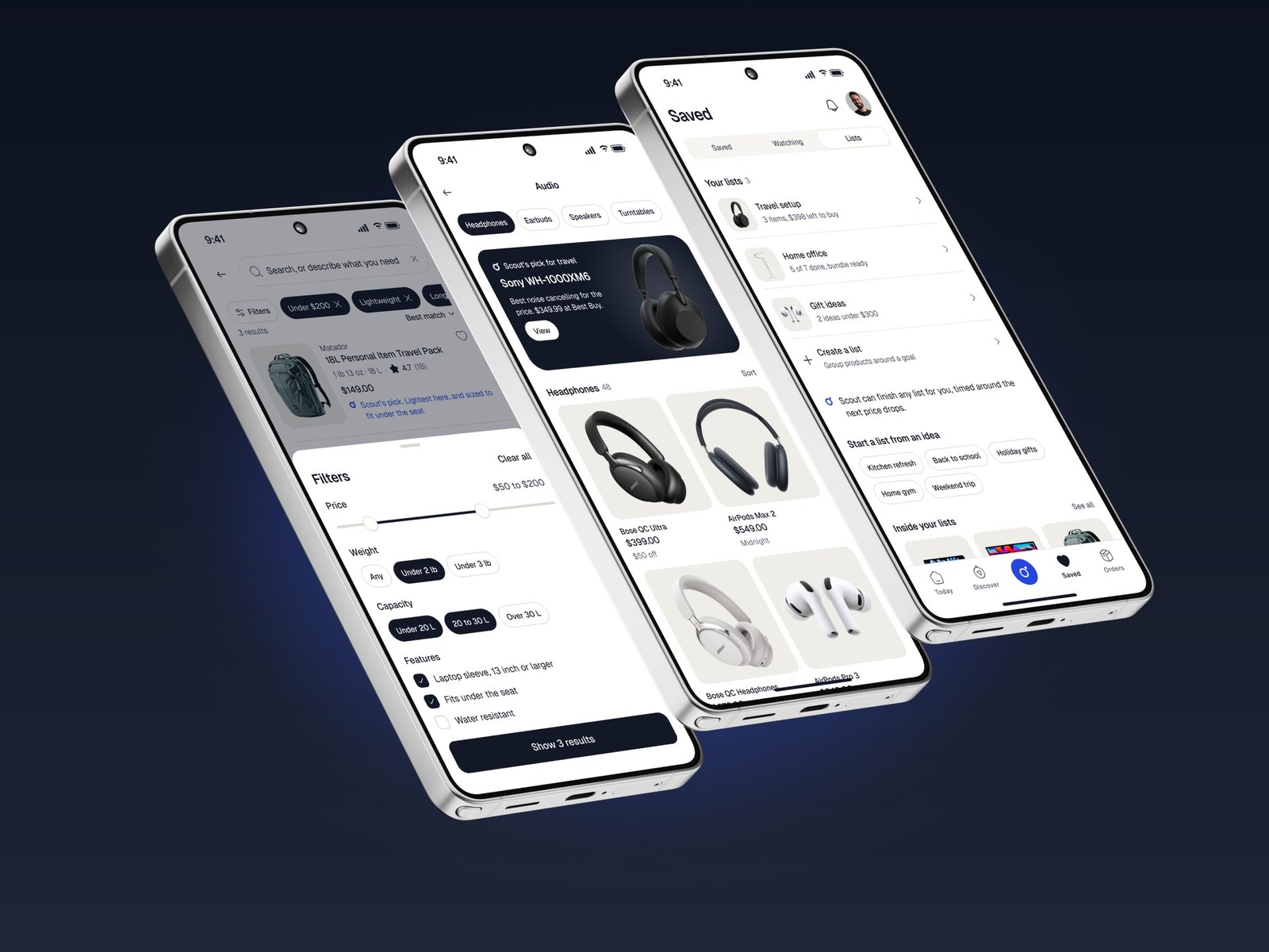 Scout on three phones: search with filters, the audio category with Scout’s pick for travel, and saved lists