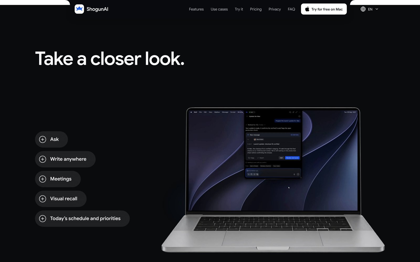 The ShogunAI Take a closer look section: a list of five features beside a laptop showing the app in dark mode
