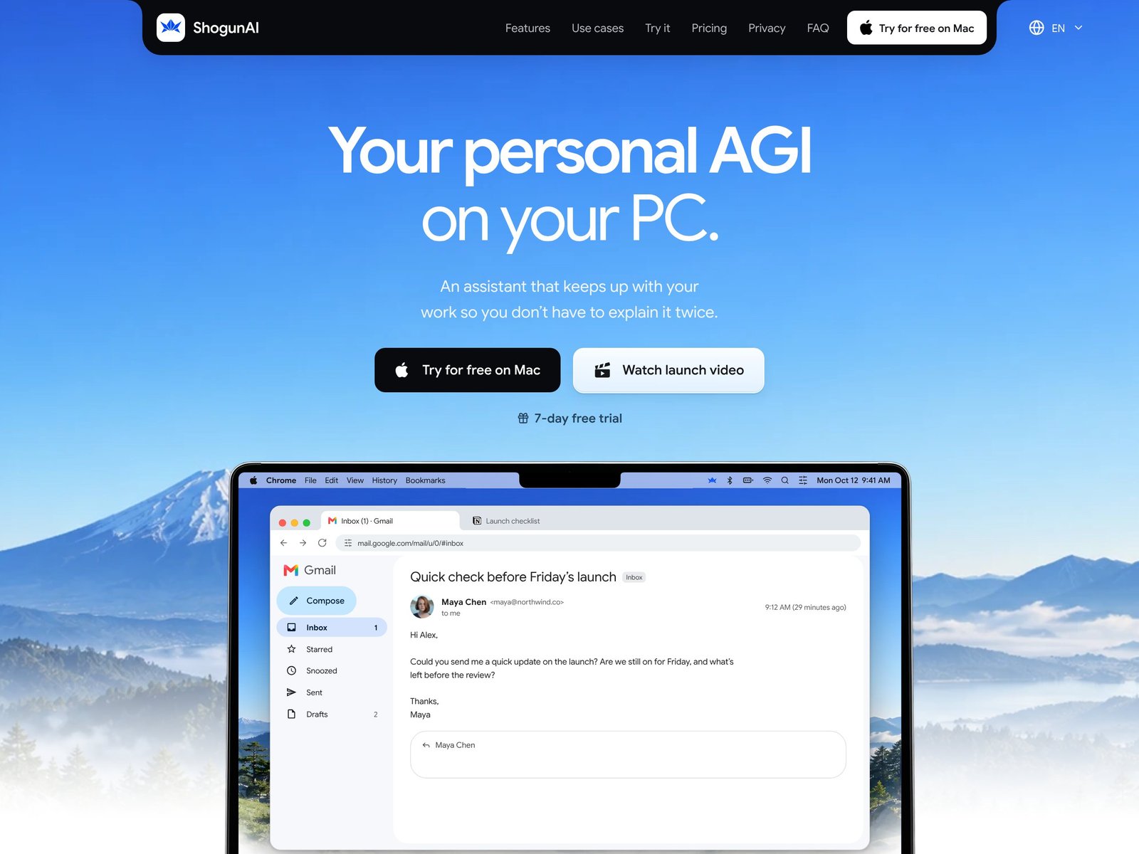 The ShogunAI home page: the headline Your personal AGI on your PC above Mount Fuji, with a laptop showing a reply being drafted in Gmail