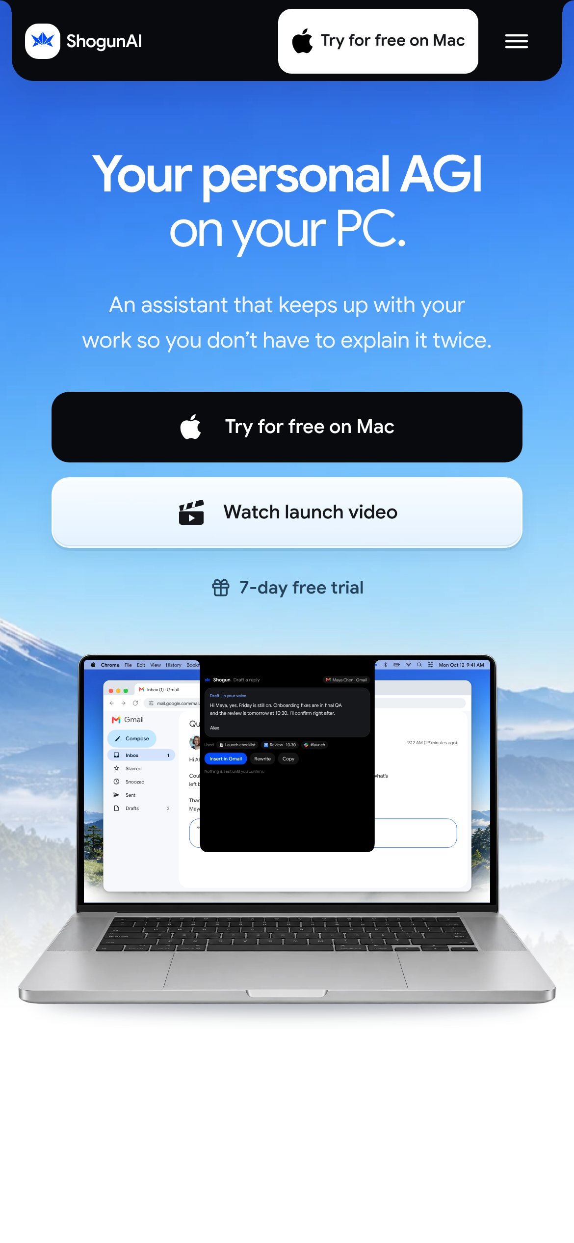 The ShogunAI home page on a phone, with the headline, the Mac download button, the launch video button and the laptop below
